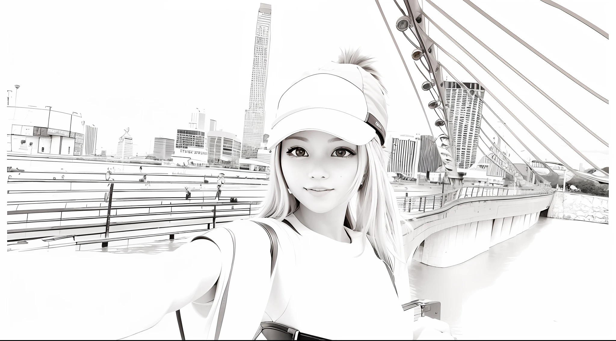 Selfie on a bridge with a city in the background, cinematic 8K clarity, 8k selfie photo wearing travel hat, fisherman young woman wearing cute hat, chibi, Q version avatar