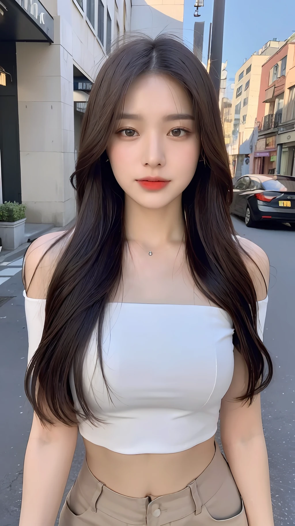 ((Best Quality, 8K, Masterpiece: 1.3)), (Flower Cap: 1.3), Focus: 1.2, Perfect Body Beauty: 1.4, Buttocks: 1.2, (Layered Haircut: 1.2)), (Dark Street: 1.3), Highly Detailed Face and Skin Texture, Full Body, Delicate Eyes, Double Eyelids, Whitened Skin, Long Hair, (Round Face: 1.5), (Loose Crop Top, Shorts: 1.6)