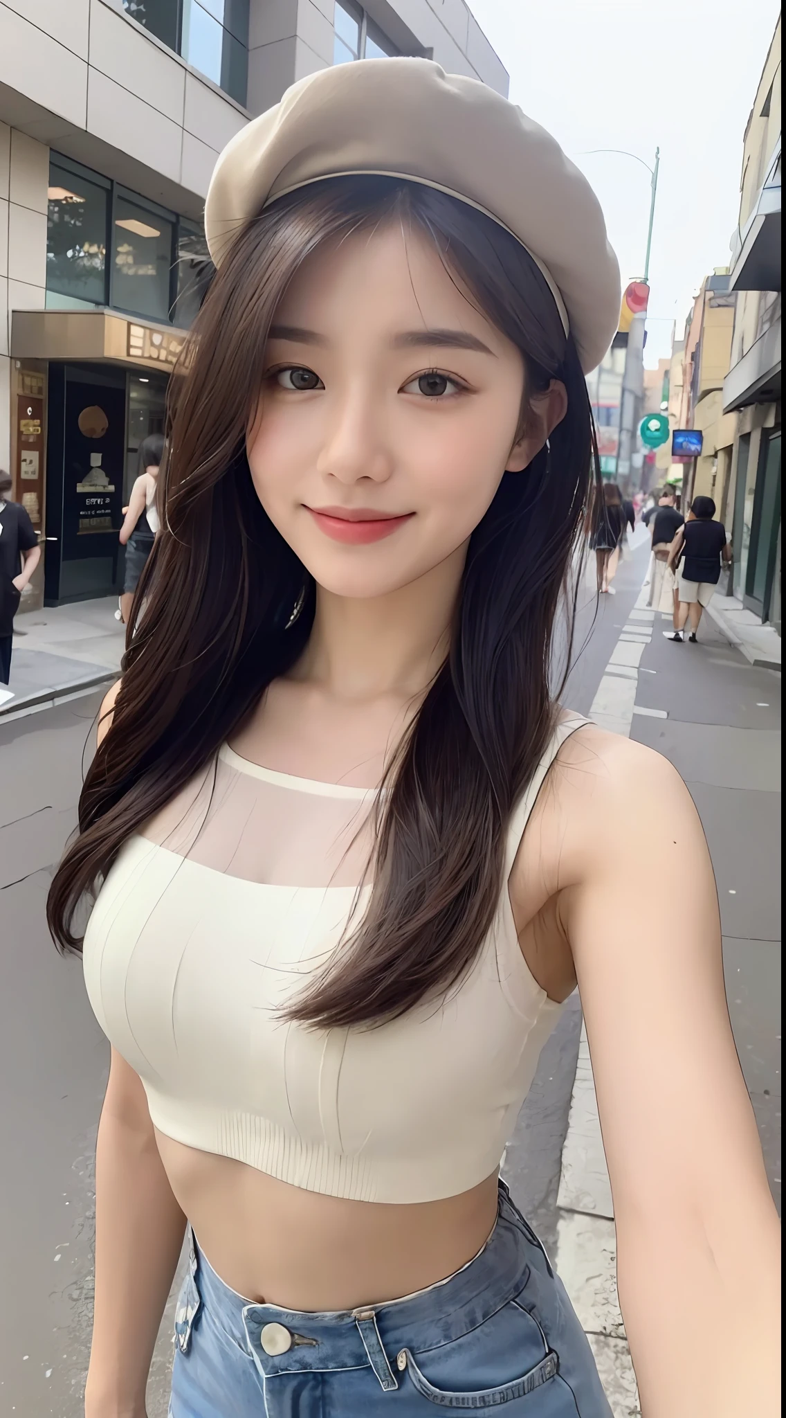 ((Best Quality, 8K, Masterpiece: 1.3)), (Flower Cap: 1.3), Focus: 1.2, Perfect Body Beauty: 1.4, Buttocks: 1.2, (Layered Haircut: 1.2)), (Dark Street: 1.3), Highly Detailed Face and Skin Texture, Full Body, Fine Eyes, Double Eyelids, Whitened Skin, Long Hair, (Round Face: 1.5), (Loose Crop Top, Shorts: 1.6), Smile