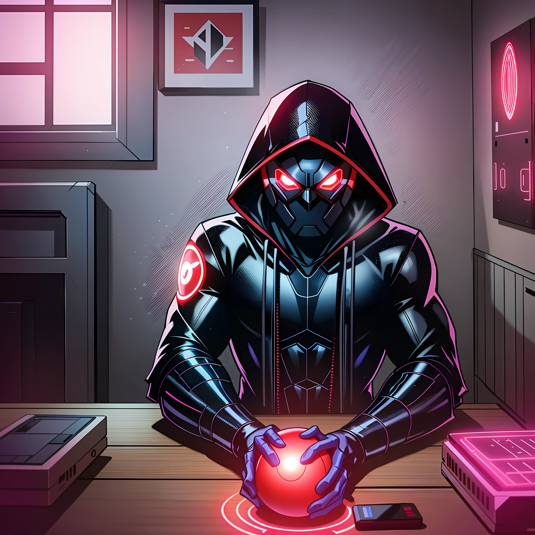 [Close-up of the neon ninja-style room, a mysterious figure with a red hood, the room is lit by a large illuminated ball in the center. An electronic device is on a nearby table.]