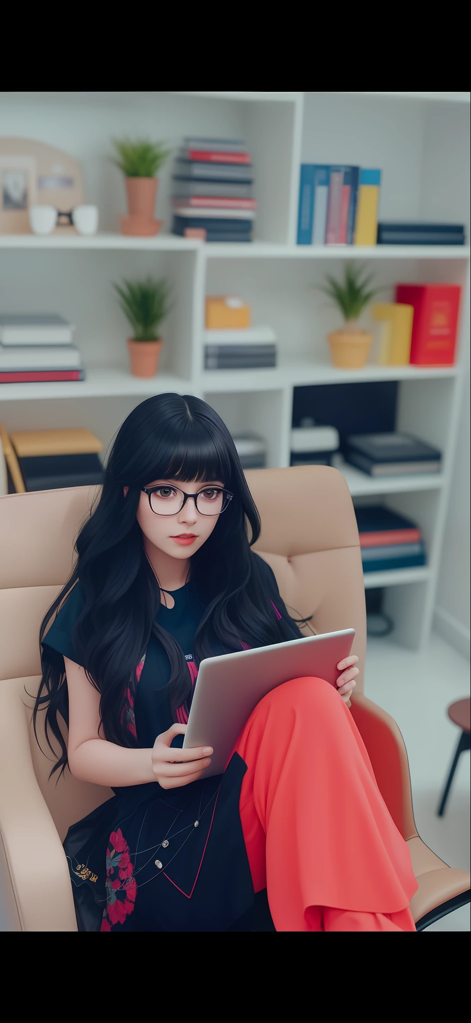 there is a woman sitting on a chair with a laptop, wavy long black hair and glasses, she has black hair with bangs, belle delphine, long hair with full bangs, long black hair with bangs, brandon woelfel, with full bangs, with bangs, very very low quality picture, girl with glasses, blunt bangs fall on her forehead, profile image