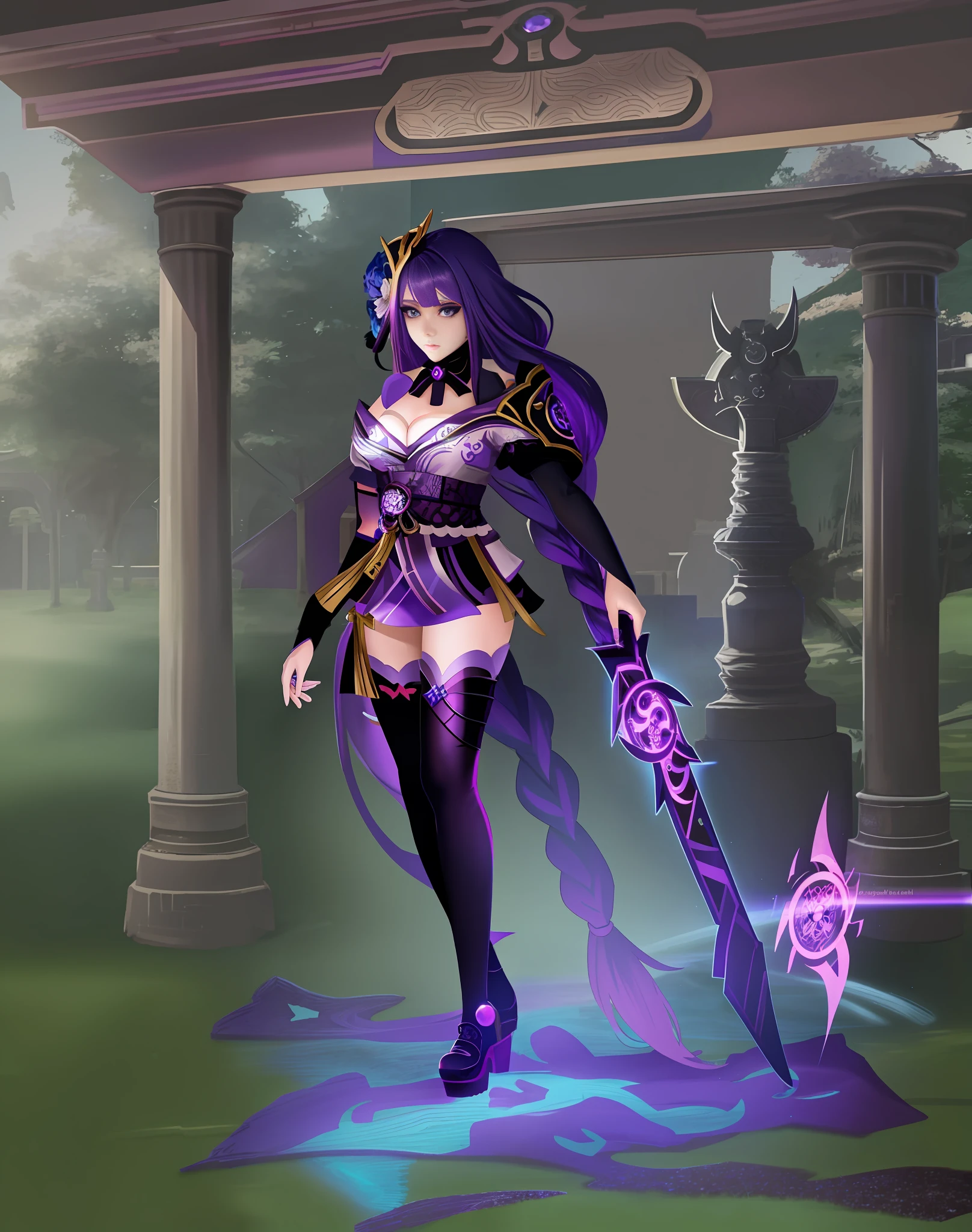 anime girl with purple hair and blue eyes standing in a field of skulls, ornate cosplay, anime character; full body art, samira from league of legends, anime cosplay, anime girl cosplay, zhongli from genshin impact, full portrait of elementalist, ne zha from smite, vi from arcane, epic mage girl character,perfect portional body