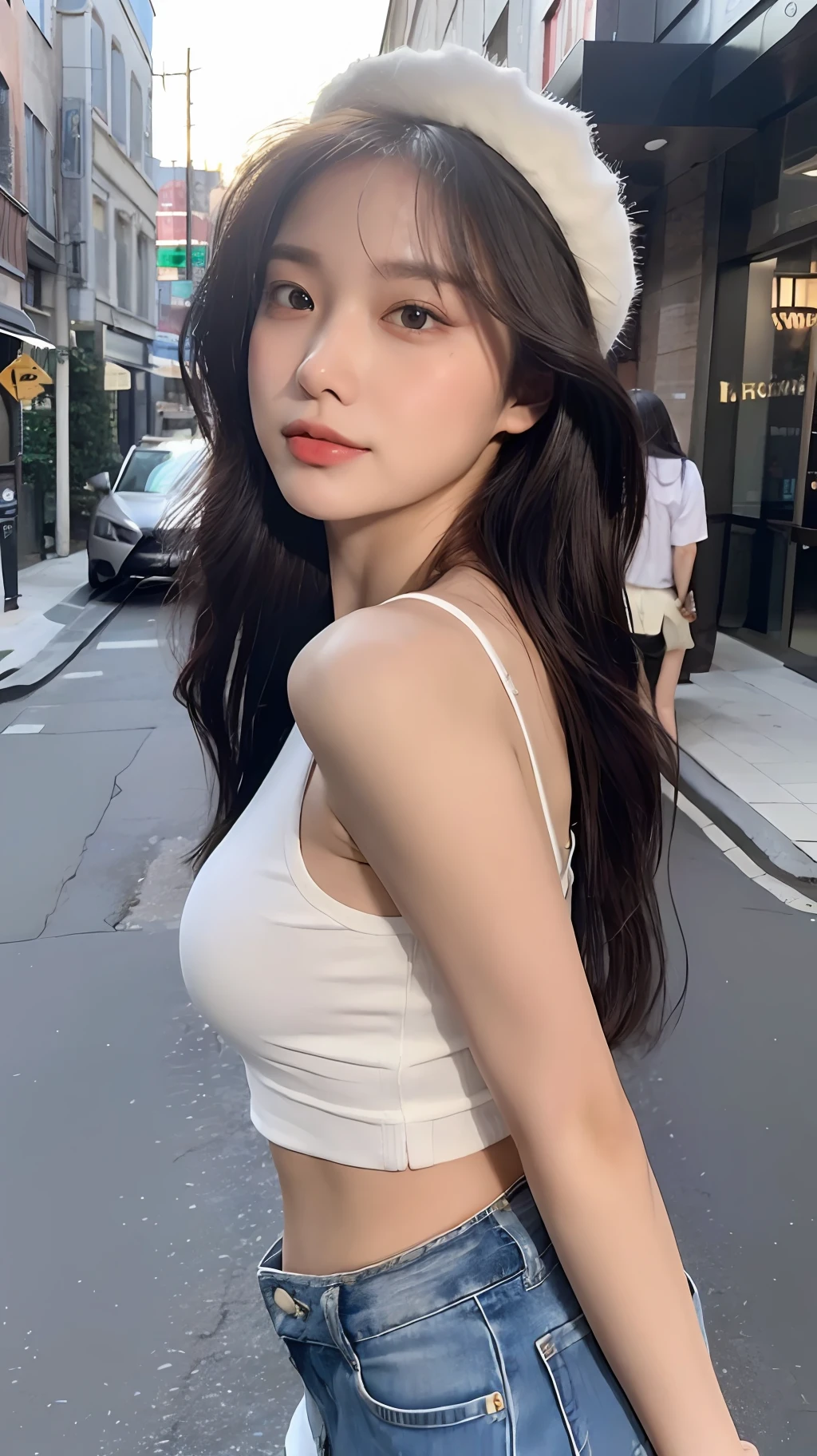 ((Best Quality, 8K, Masterpiece: 1.3)), (Flower Cap: 1.3), Focus: 1.2, Perfect Body Beauty: 1.4, Buttocks: 1.2, (Layered Haircut: 1.2)), (Dark Street: 1.3), Highly Detailed Face and Skin Texture, Full Body, Delicate Eyes, Double Eyelids, Whitened Skin, Long Hair, (Round Face: 1.5), (Loose Crop Top, Shorts: 1.6)