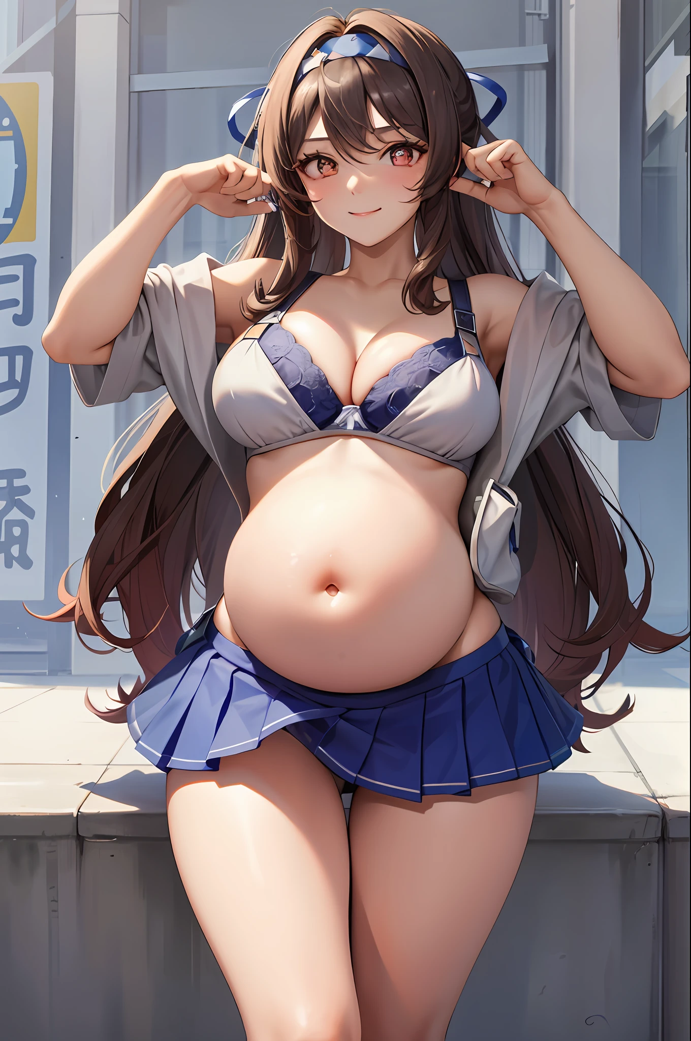 Masterpiece, Superb ,, 1girl, solo, looking at the belly, blushing, smiling, big breasts, pregnant belly, cleavage, pregnancy, pregnancy, erotic lingerie, open cleavage, armpits, white bra, white panties, tassels, behind the arms, ice silk bra, moles on the breasts, ice silk tong, vision (Genshin influence), buttocks, open belly, open belly, open belly bikini, big belly, unobstructed