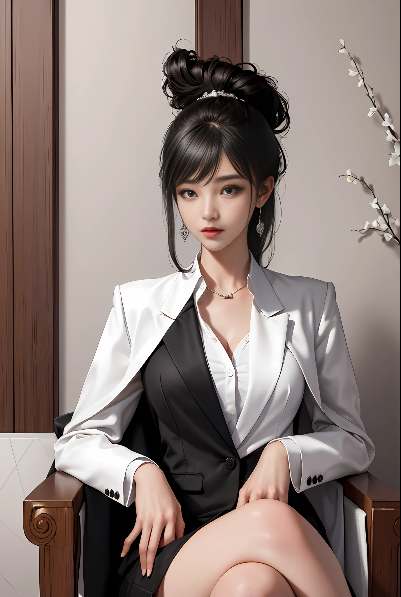 woman sitting on a chair in a black and white outfit, wearing jacket and skirt, wearing fashion suit, elegant suit, office clothes, high fashion classy, femme, elegant clothes, elegant lady, korean women's fashion model, mixed art, wearing business casual dress, business attire, elegant woman, elegant style, business clothes, (high resolution), (8K), (extremely detailed), (best illustration), (beautiful detailed eyes), (best quality), (ultra-detailed), (masterpiece), (wallpaper), (detailed face)