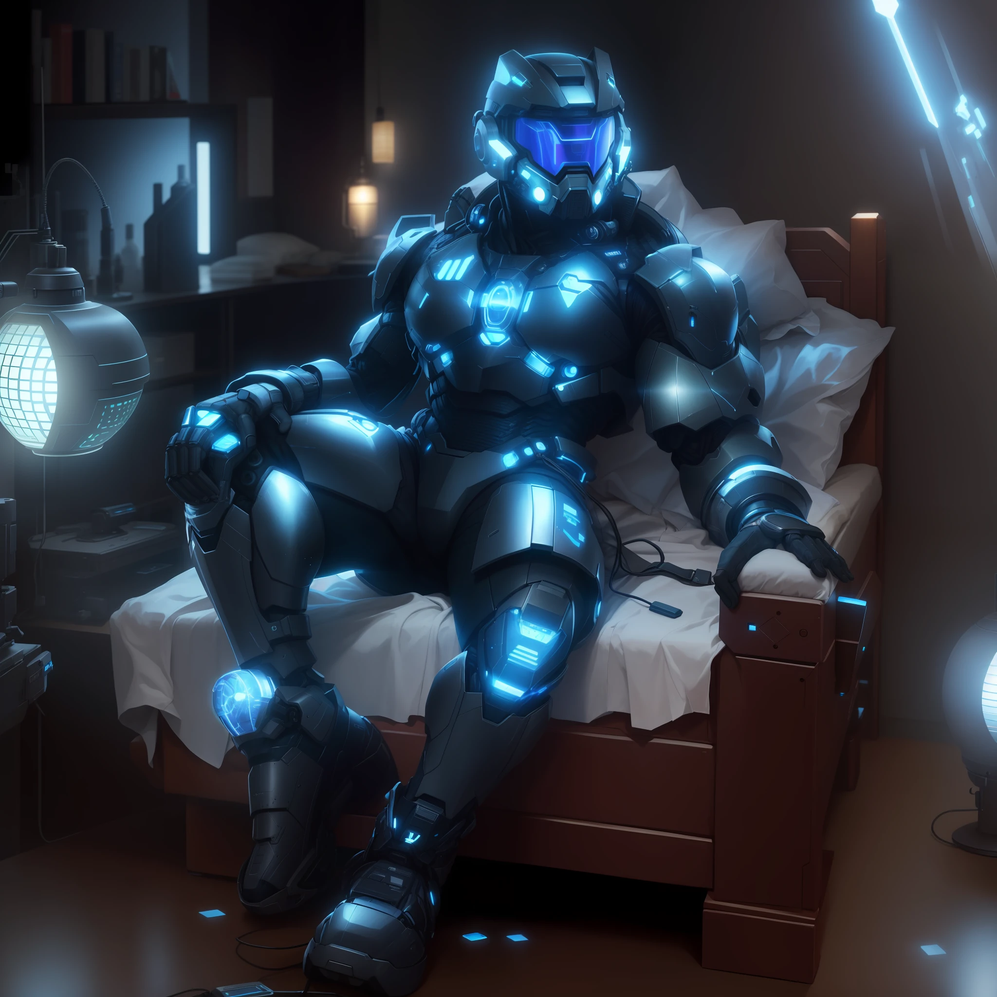 arafed man in a suit sitting on a bed with a lamp, clothed in sci-fi military armor, resting after a hard mission, sci - fi suit, wearing techwear and armor, cyberpunk suit, cyber suit, full cybernetic combat suit, stealth suit, wears a suit of power armor, science fiction suit, combat suit