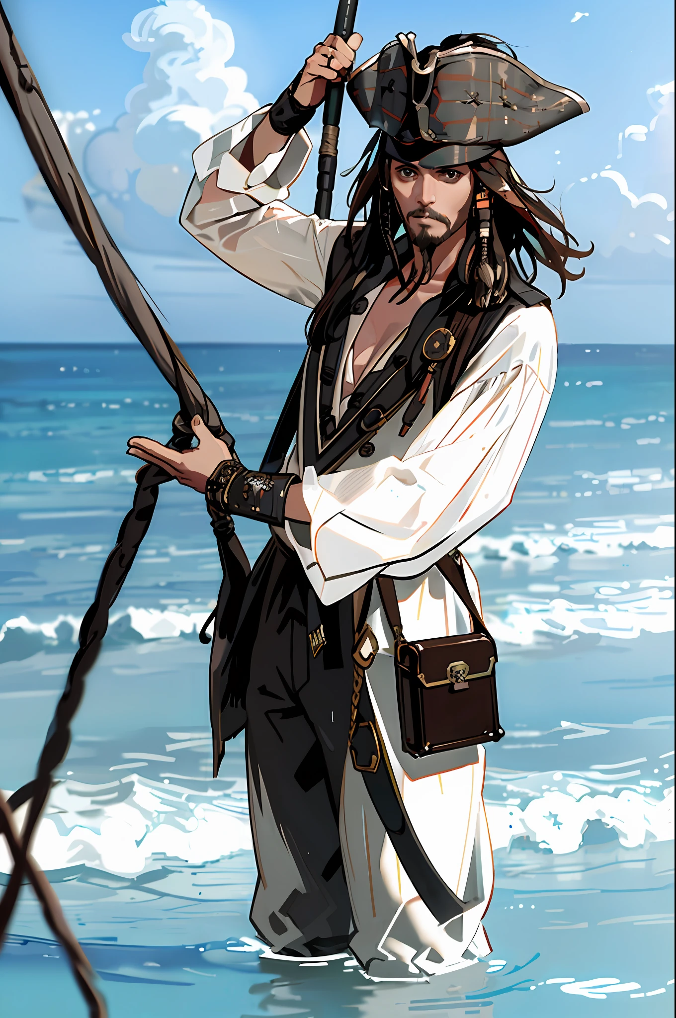 masterpiece, (photorealistic:1.5), best quality, beautiful lighting, anime ,
jack sparrow, solo, long hair, brown hair, long sleeves, 1boy, hat, weapon, male focus, outdoors, gun, facial hair, ocean, rope, rifle, beard, watercraft
, intricate, high detail, sharp focus, dramatic, beautiful girl , (RAW photo, 8k uhd, film grain), caustics, subsurface scattering, reflections