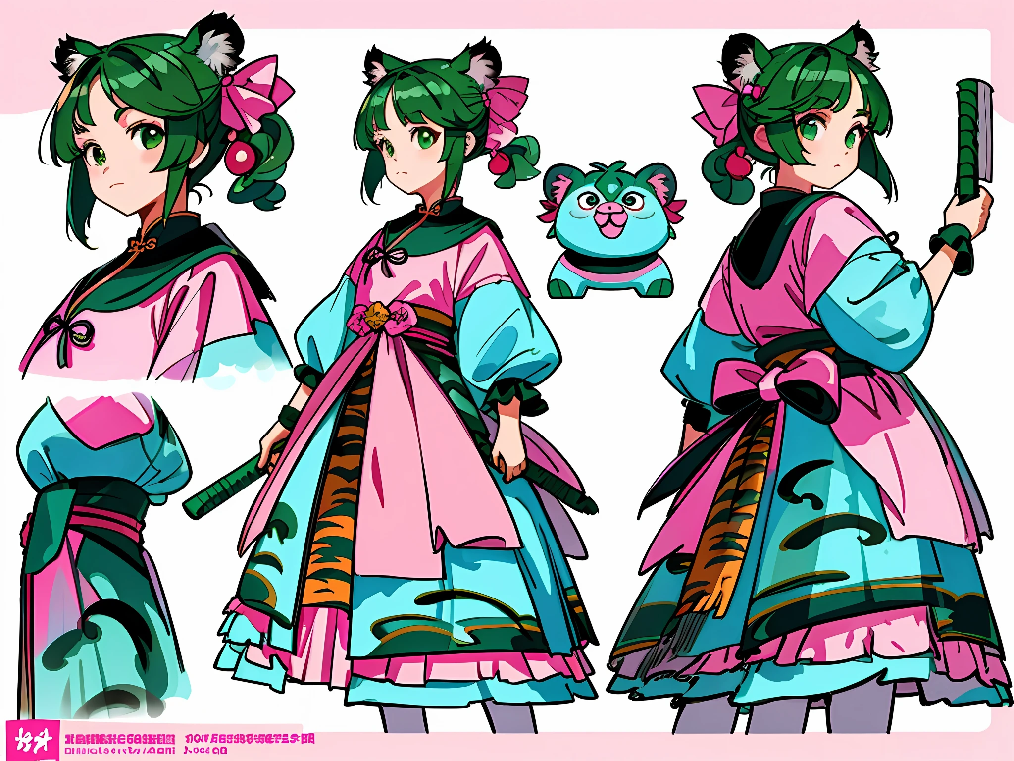 ((masterpiece)),(((best quality))),(illustration of this character), portrait, wallpaper, 4k, hd, hq, detailed background, chinese house, temple, forest in the back, expressive, scenic, cinematic lighting, illustration, 1 girl, cute green hair color, tiger ears, side bangs, hairstyle fax, green eyes, environment change scene, Hairstyle Fax, Pose Zitai, Female, Shirt, sun,((pink))