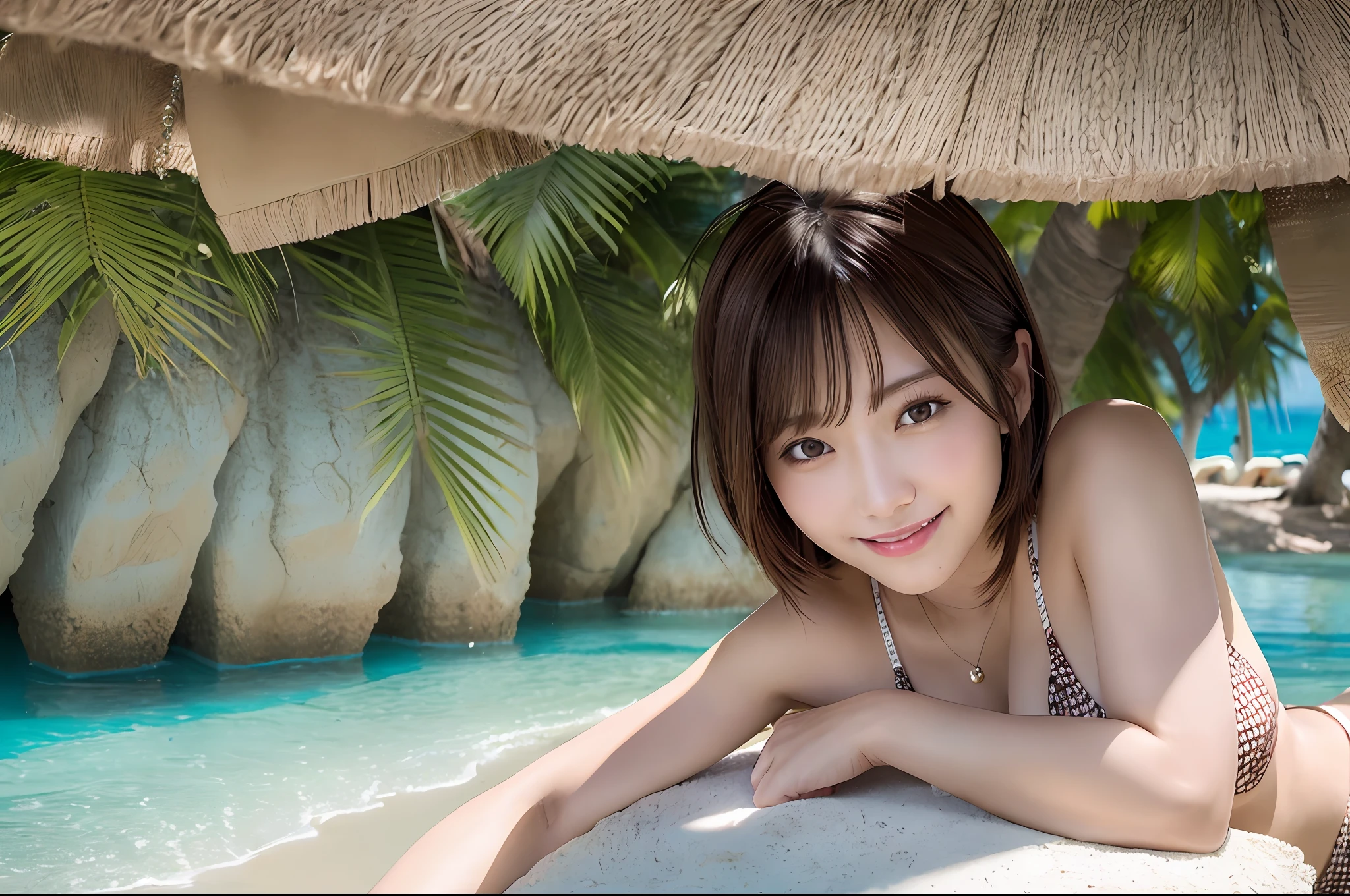 best quality,masterpiece,ultra-detailed,4k,gravure,sexy pose,(micro bikini),smiling,beach,brown hair,short hair