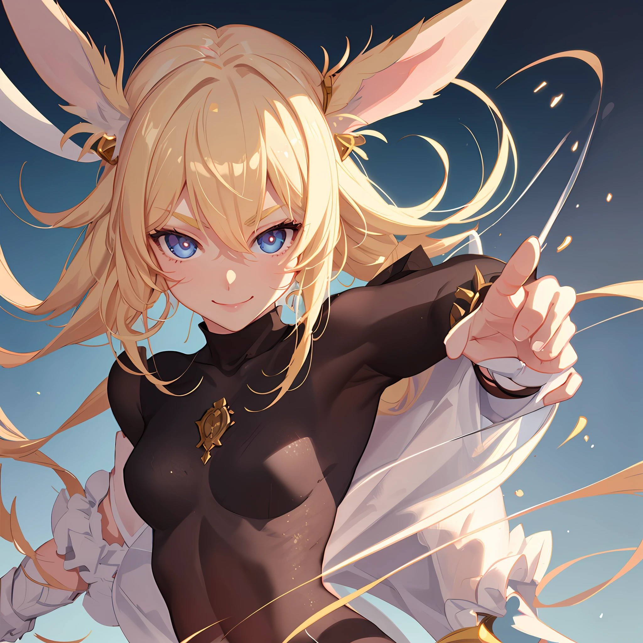 Backgrounds are digital art, nipple seals, abs, rabbit ears, small, thick eyebrows, healthy body, evil smile, beautiful blonde, full body focus, (masterpiece), ((best quality)), (super detailed), one girl, solo, (beautiful eyes)), beautiful detailed eyes, clean and detailed face, five fingers, textile shading, perfect anatomy,