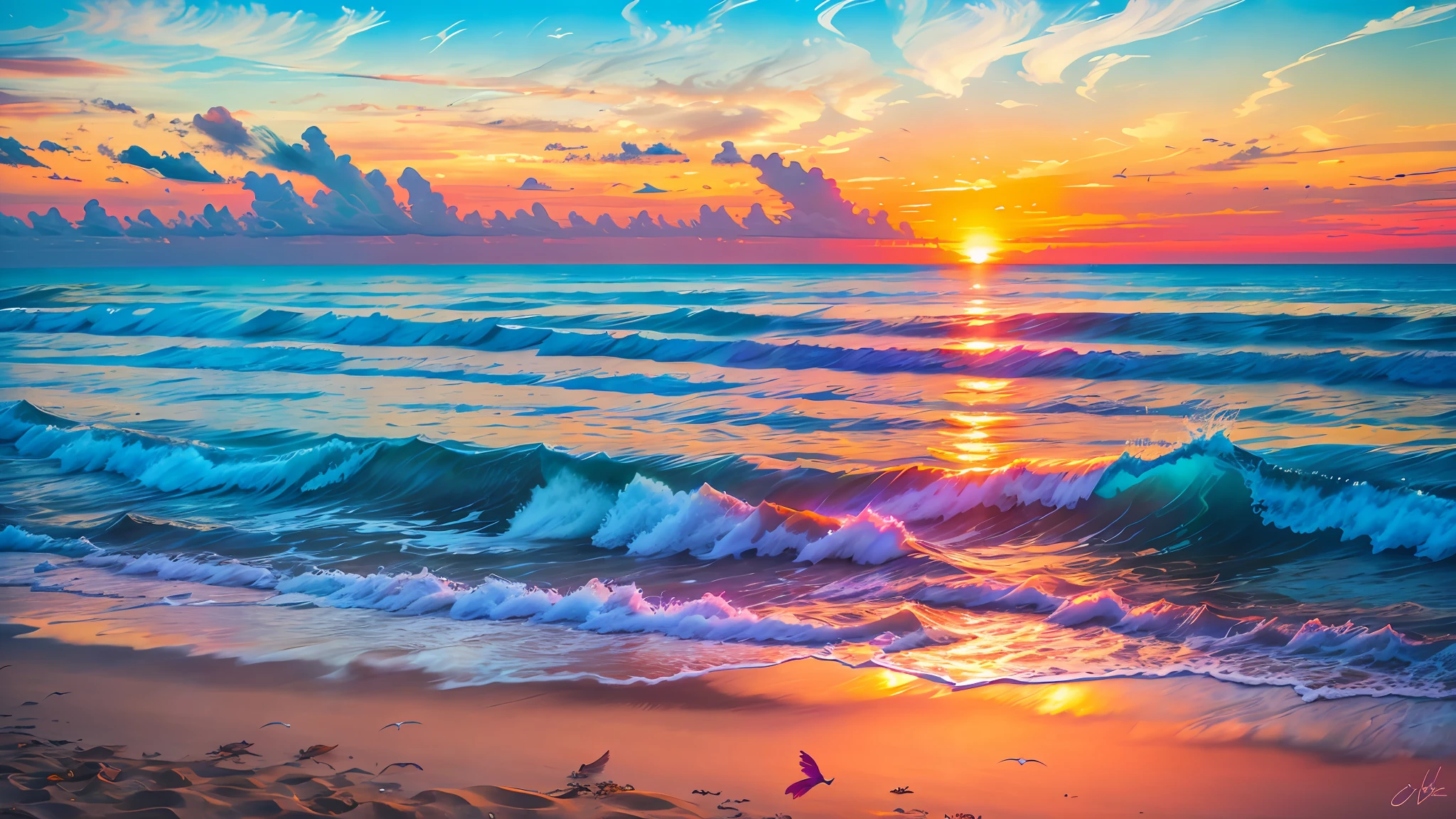 An absolutely mesmerizing sunset over the beach, with a blend of oranges, pinks, and yellows filling the sky. Crystal-clear waters of the sea gently kissing the shore, with sandy white beach stretching far and wide. The scene is dynamic and breathtaking, with seagulls soaring high in the sky and gently swaying palm trees. Take in the calming atmosphere and let the peacefulness wash over you.