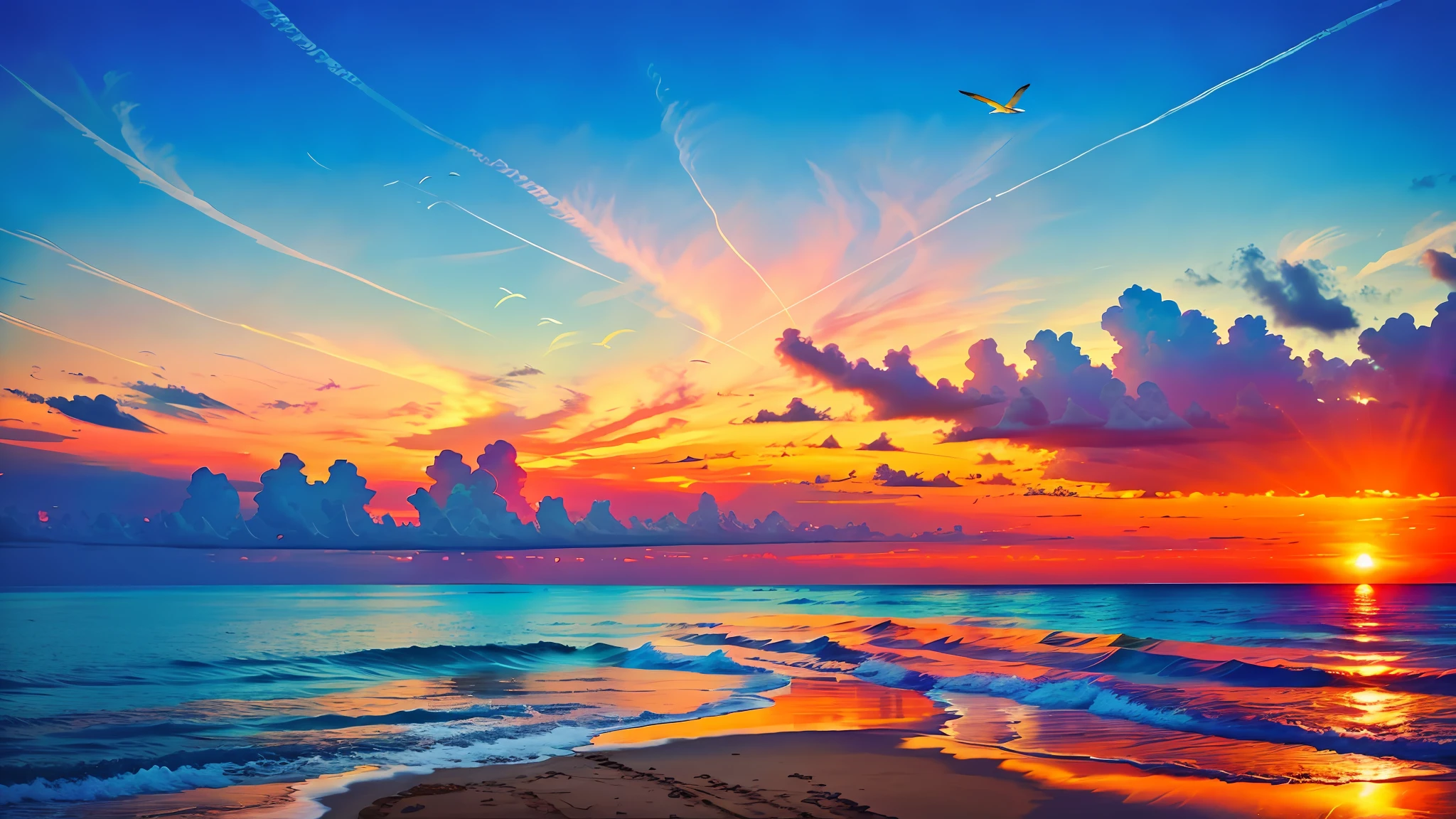 An absolutely mesmerizing sunset over the beach, with a blend of oranges, pinks, and yellows filling the sky. Crystal-clear waters of the sea gently kissing the shore, with sandy white beach stretching far and wide. The scene is dynamic and breathtaking, with seagulls soaring high in the sky and gently swaying palm trees. Take in the calming atmosphere and let the peacefulness wash over you.
