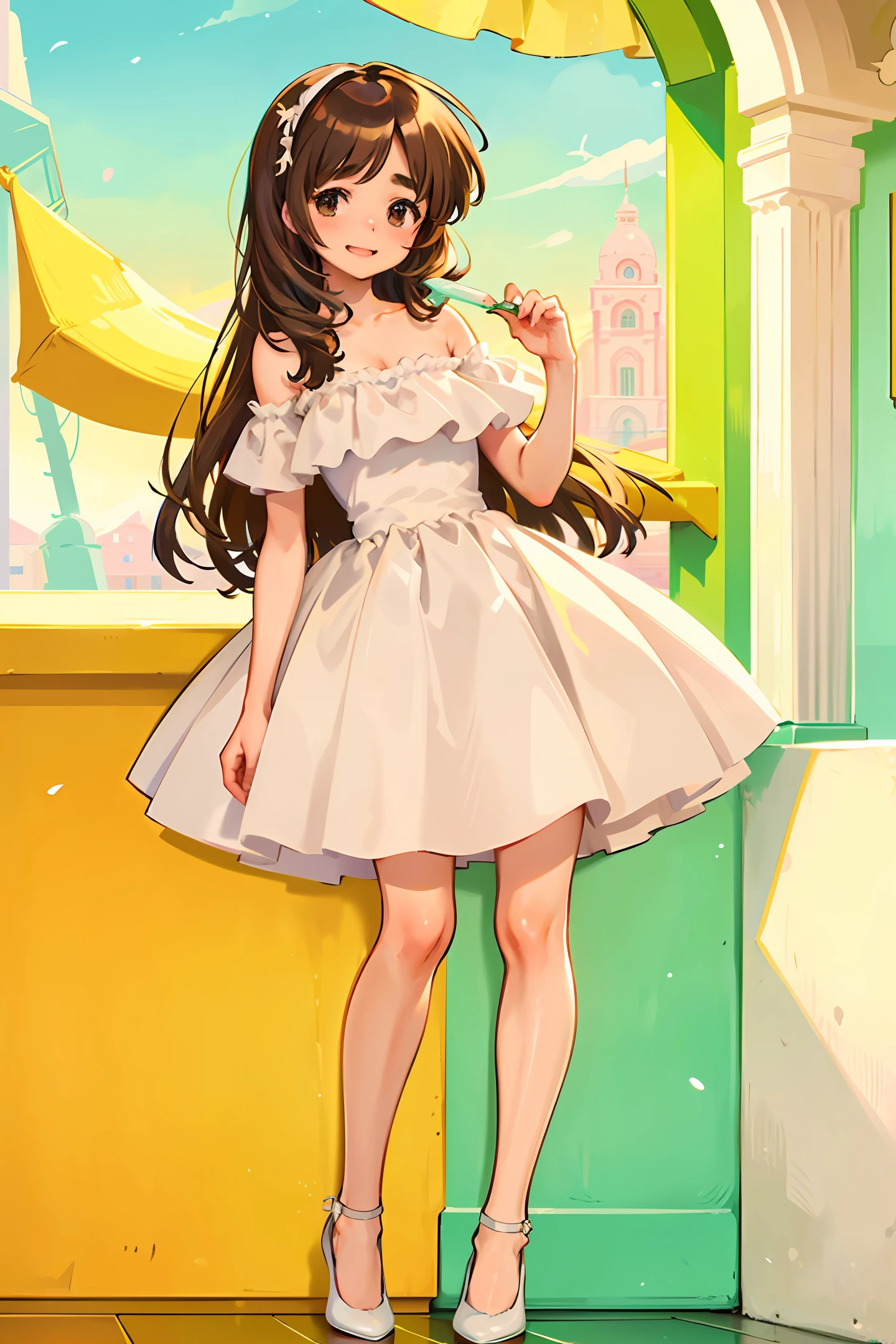 (masterpiece),(best quality),(ultra-detailed), (full body:1.2), chibi, cute, morning light, indoor, holding an ice-cream cone, front view, bokeh, oversaturated, color contrast: 1.1, ultra realistic, digital art, art station, 1girl, 20 years old, smile, brown wavy long hair, brown eyes, white dress with ruffles, off shoulder, blush, (beautiful detailed face)