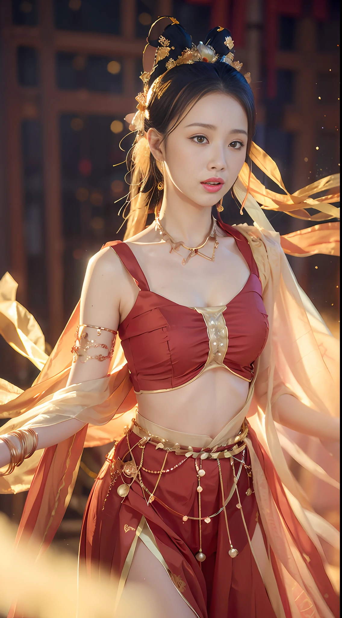 (8k, RAW photo, best quality, masterpiece:1.2), (realistic, photo-realistic:1.4), (extremely detailed CG unity 8k wallpaper), (1 girl:1.5), Western beauty, (Red clothes: 1.4), red spots on forehead, blush, pale skin, handsome eyes, delicate big eyes, breast enlargement, whole body, delicate thighs, delicate and good-looking face, open navel, gold waist chain, gold jewelry, flying ribbons, particles, background is Loulan ancient city, ancient city wall, desert, dance, dunhuang_dress, dunhuang_style,