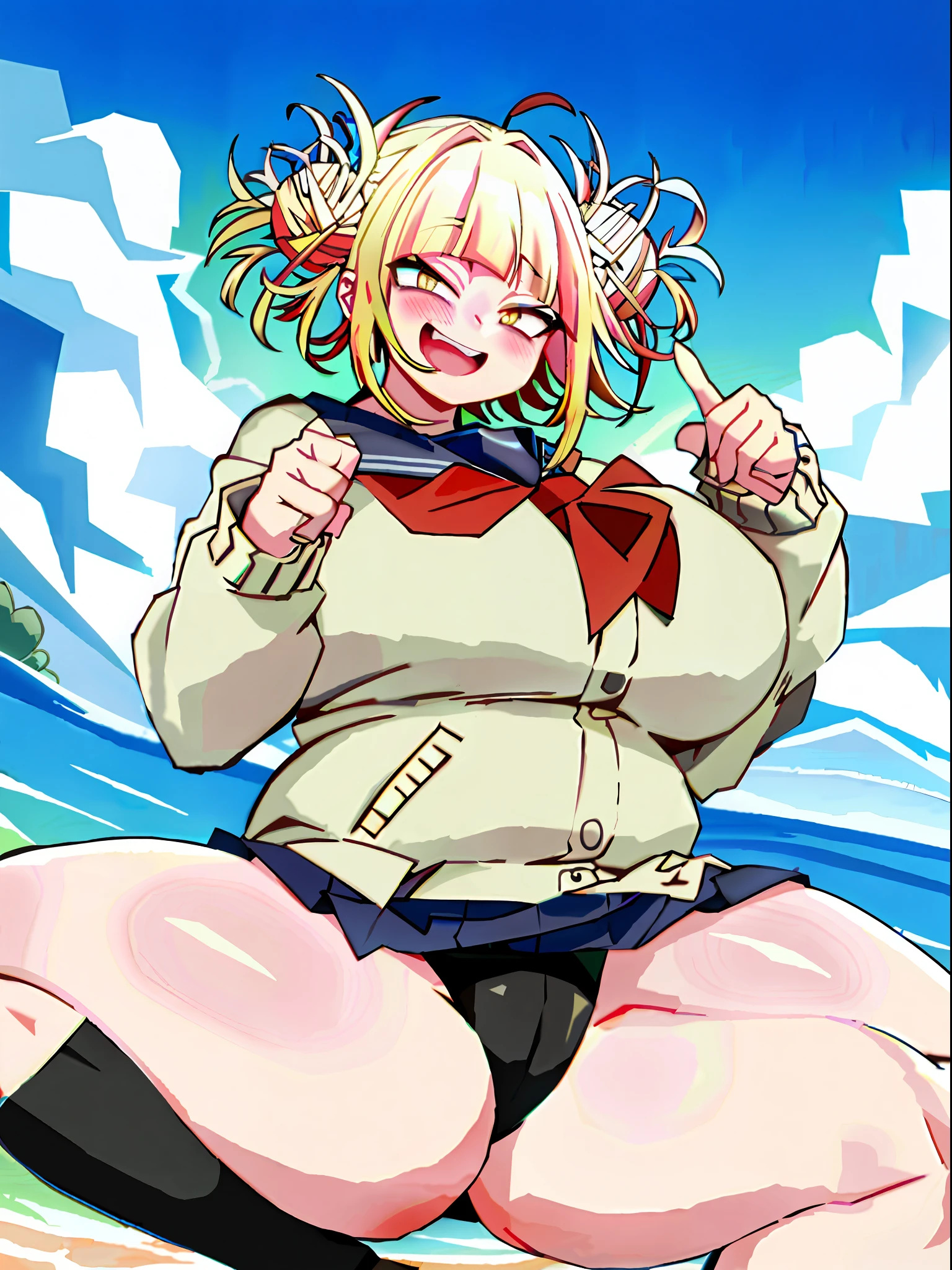 Masterpiece, best quality, (1girl), toga himiko, yellow eyes, super detailed, (huge breasts), looking at viewer, blonde hair, crazy smile, wide hips, chamchami, (cham22), black bikini, close up, open mouth, furry, thick thighs, cute face, breasts outside clothings, fully naked, squatting with spread legs, full body view,