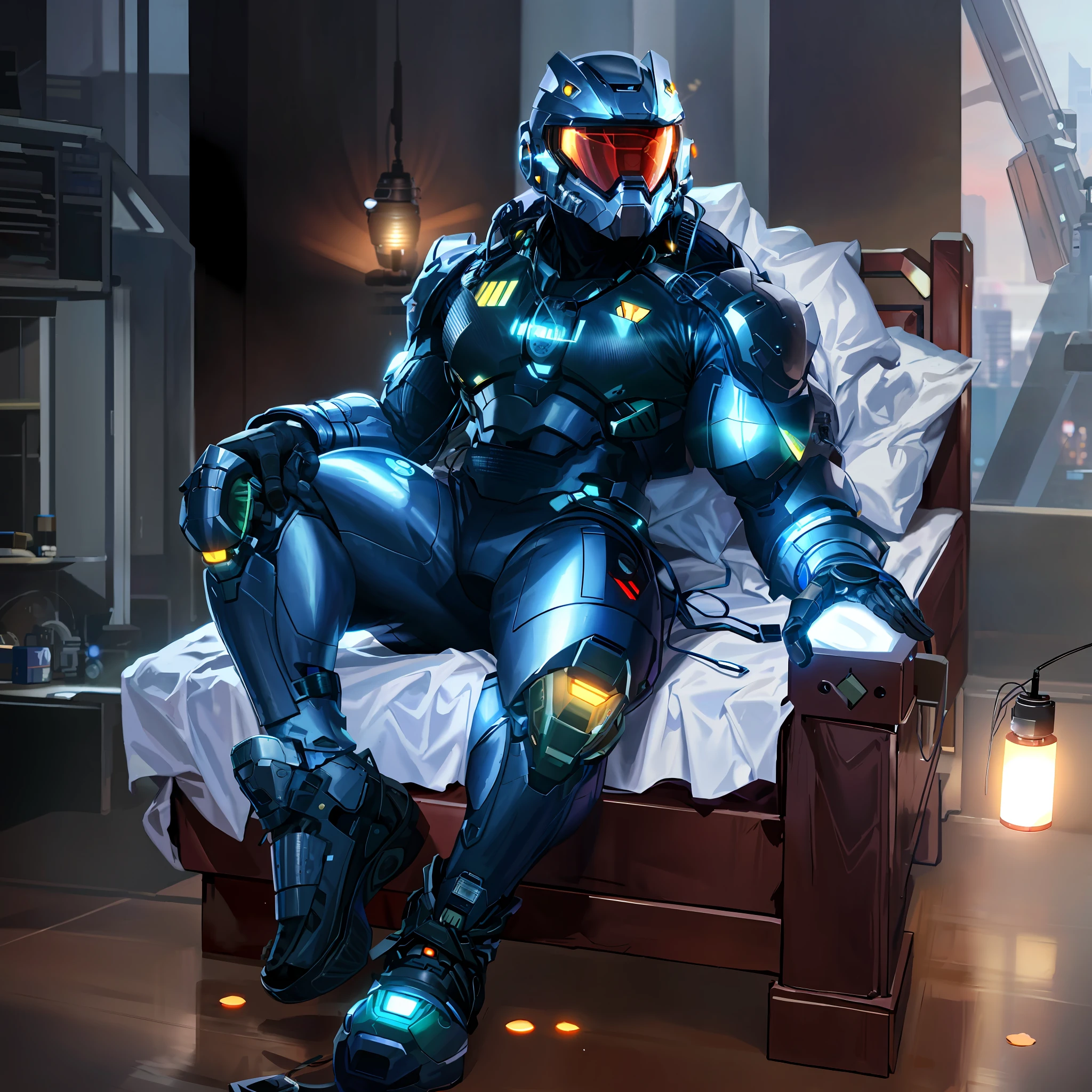 arafed man in a suit sitting on a bed with a lamp, clothed in sci-fi military armor, resting after a hard mission, sci - fi suit, wearing techwear and armor, cyberpunk suit, cyber suit, full cybernetic combat suit, stealth suit, wears a suit of power armor, science fiction suit, combat suit