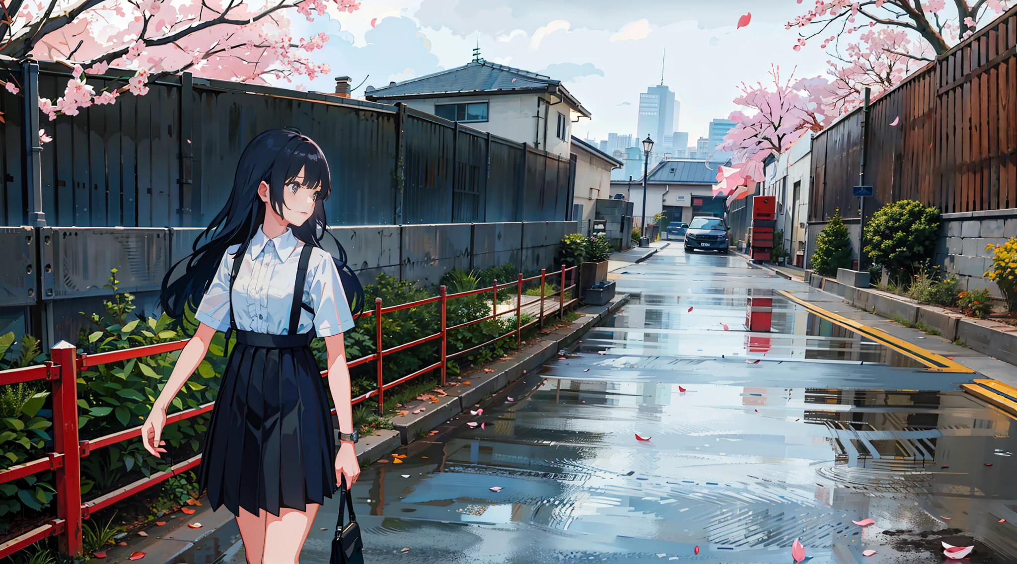 Masterpiece-level painting, highest quality, ultra-high detail CG woman, standing quietly under a tree, wearing a long black dress and folding shirt, pleated skirt fluttering slightly in the wind, her long hair as smooth as flowing water, petals flying in the rainstorm. It is surrounded by a blues streetscape of fences, chain fences and buildings.