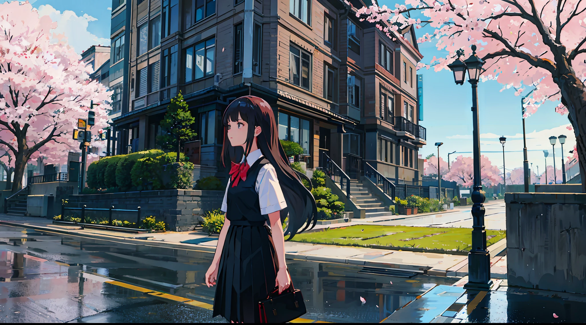 masterpiece, best quality,
1girl, black skirt, branch, building, chain-link fence, cherry blossoms, fence, long hair, outdoors, petals, pleated skirt, rain, shirt, short sleeves, skirt, solo, standing, tree,
sky,street