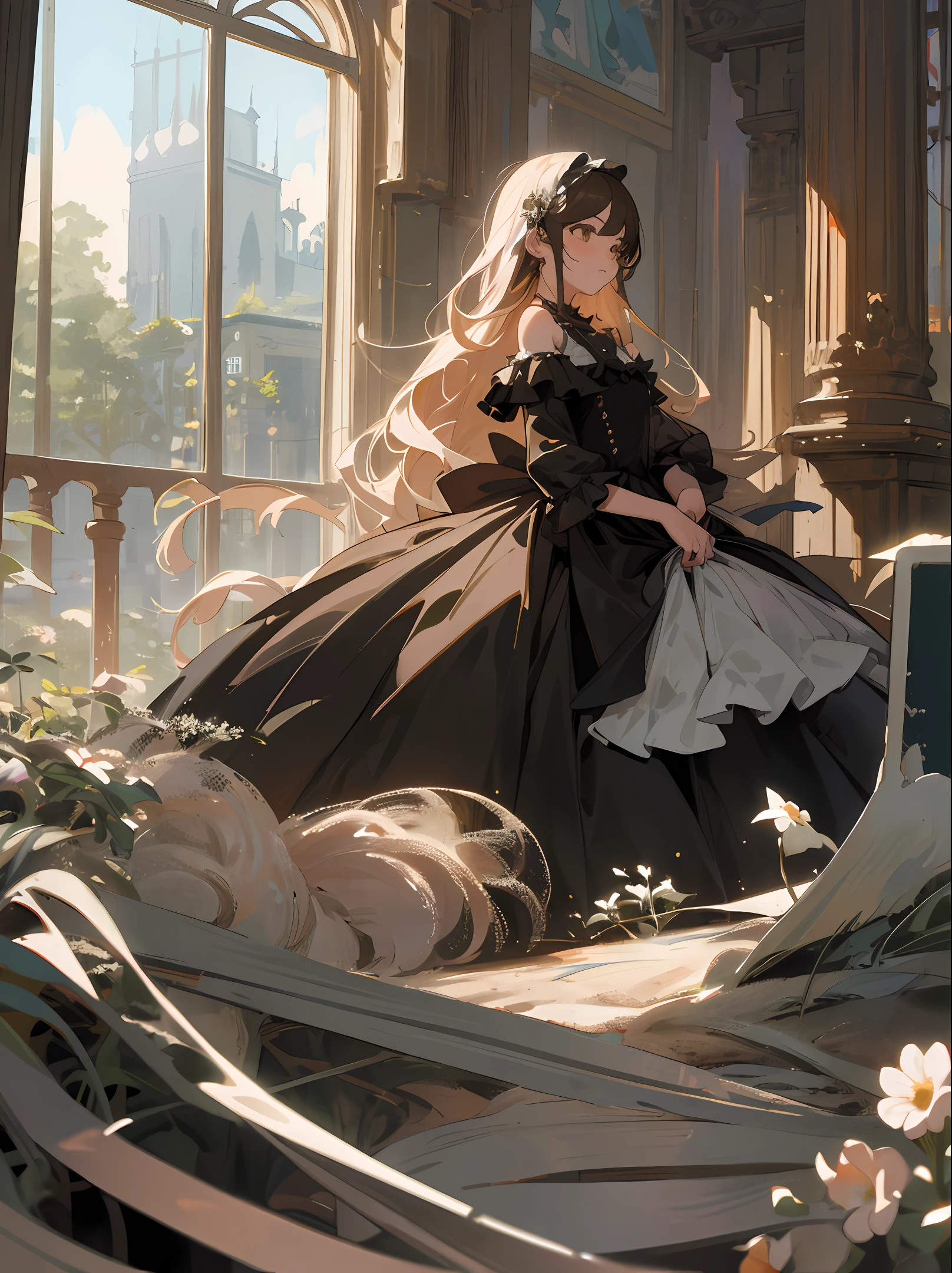 (Masterpiece), (Best Quality), (Ultra Detailed), (Full Body: 1.2), Garden, Melancholy, Sunset, Indoors, Holding a Sword, Front View, Bokeh, Supersaturated, Color Contrast: 1.1, Surreal, Digital Art, Art Station, 2 Girls, 20 years old, expressionless, white wavy long hair, brown eyes, black dress with ruffles, off-the-shoulders, blush, (beautiful detailed face)