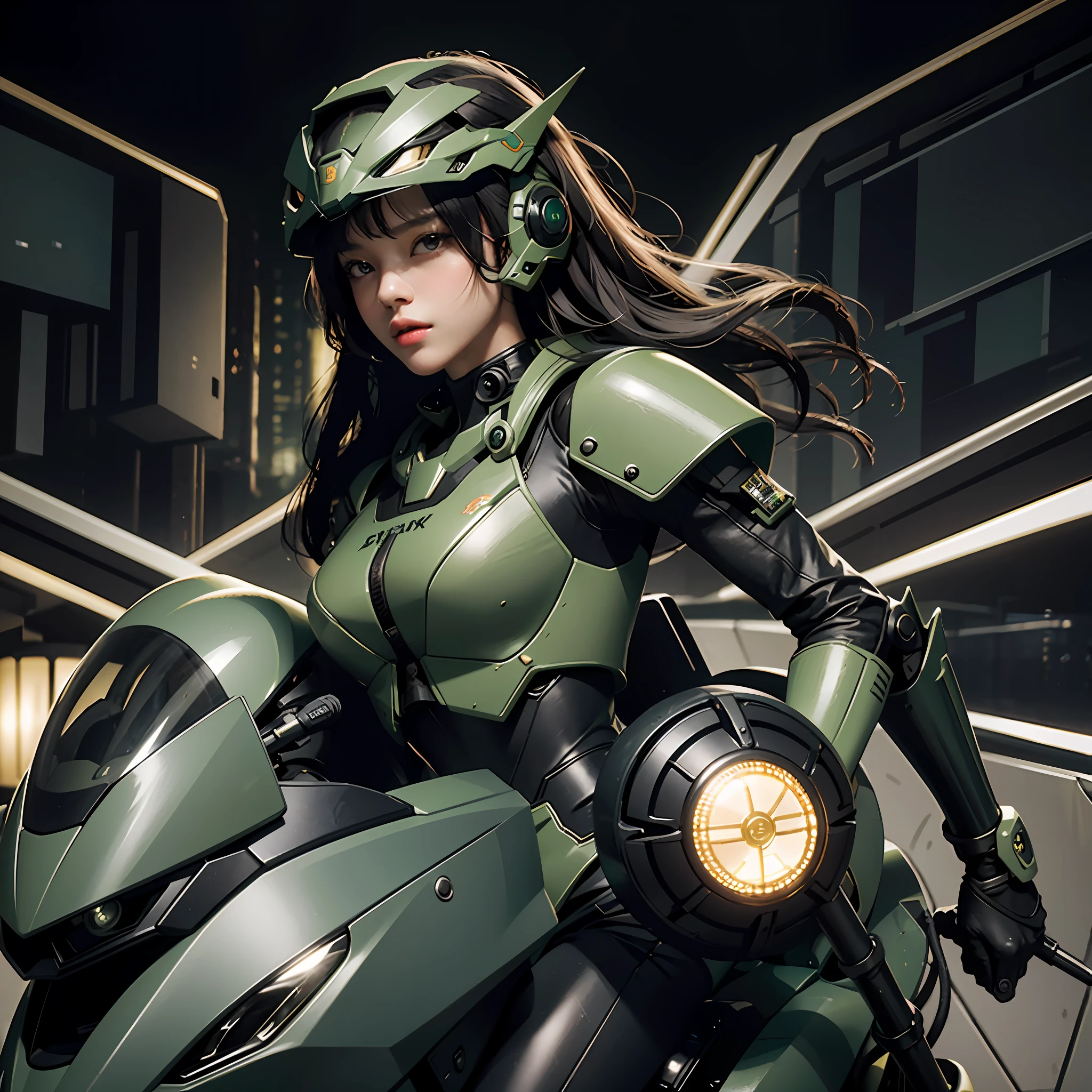 Highest image quality, outstanding details, ultra-high resolution, (realism: 1.4), the best illustration, favor details, highly condensed 1girl, with a delicate and beautiful face, dressed in a black and green mecha, wearing a mecha helmet, holding a directional controller, riding on a motorcycle, the background is a high-tech lighting scene of the future city.