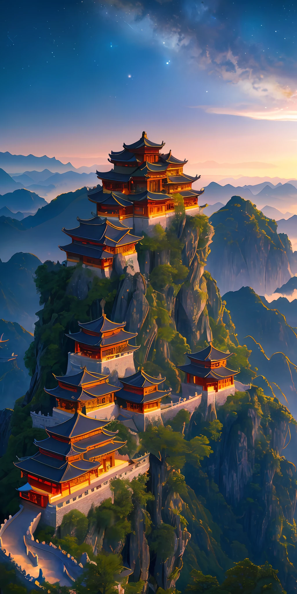 Masterpiece, best quality, high quality, extremely detailed CG unified 8k wallpaper, outdoor, sky, clouds, night, no humans, mountain, Chinese style palace situated on hillside, moonlight, cinemagraph, landscape, water, tree, Chinese Laojun mountain scenic area, golden dome