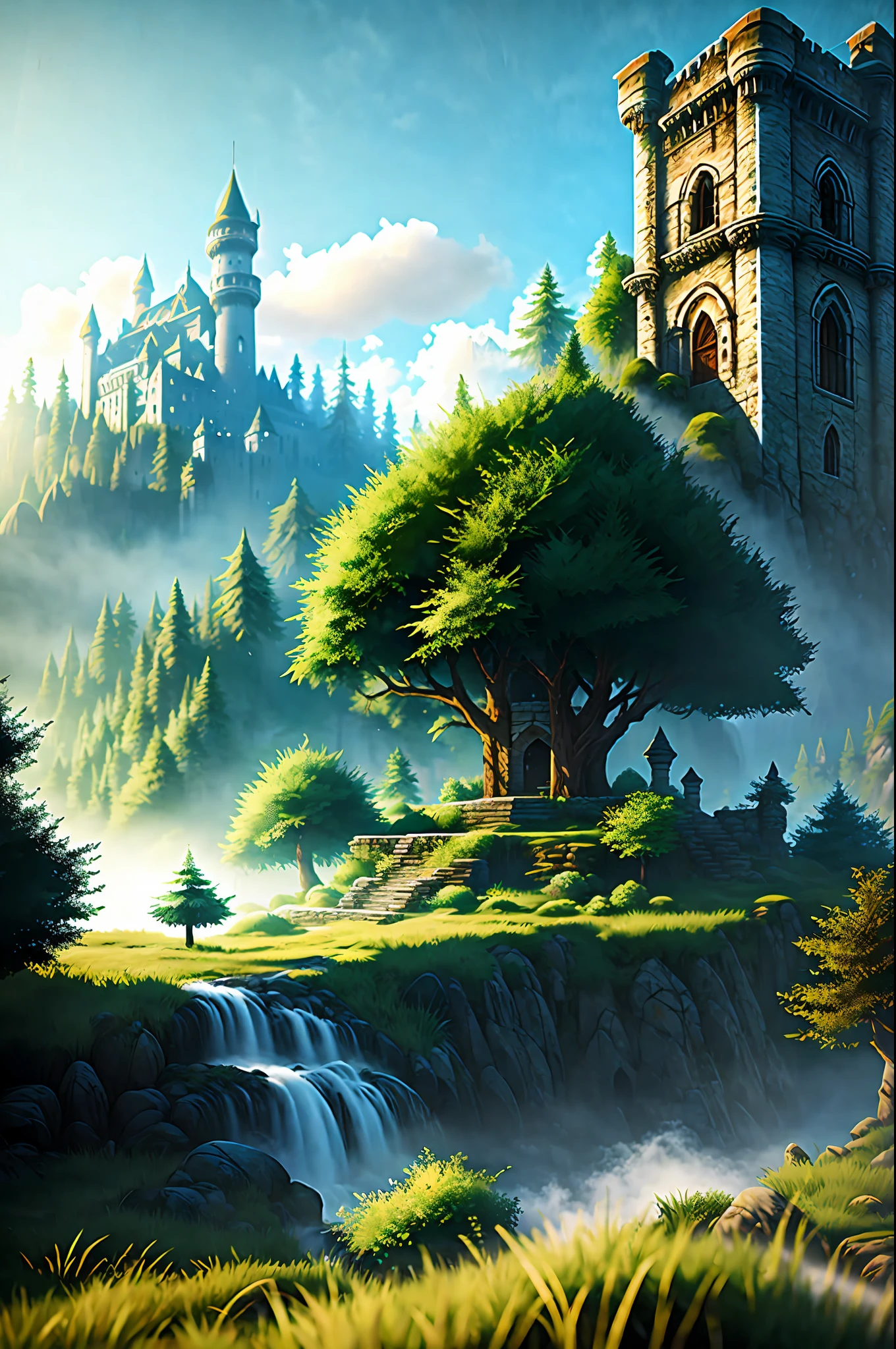 Pixel art, castles, forests, trees, ruins, fog