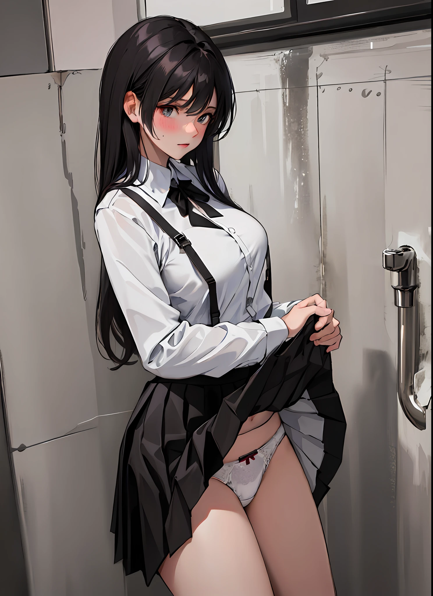 (masterpiece:1.2, best quality), (real picture, intricate details), (clothes lift:1.1), (black skirt lift:1.5), ((panties)), solo, 1lady, large breasts, (full-face blush), embarrassed, cowboy shot, (restroom:1.2),(urinal:1.3), dirty, trash, cracked wall, dark, broken, abandoned, (night:1.5),(dark background:1.1), school uniform, extremely detailed hands, Panty shots, ((accentuate white panties)), Lift up skirt, ((skirt grab)),
