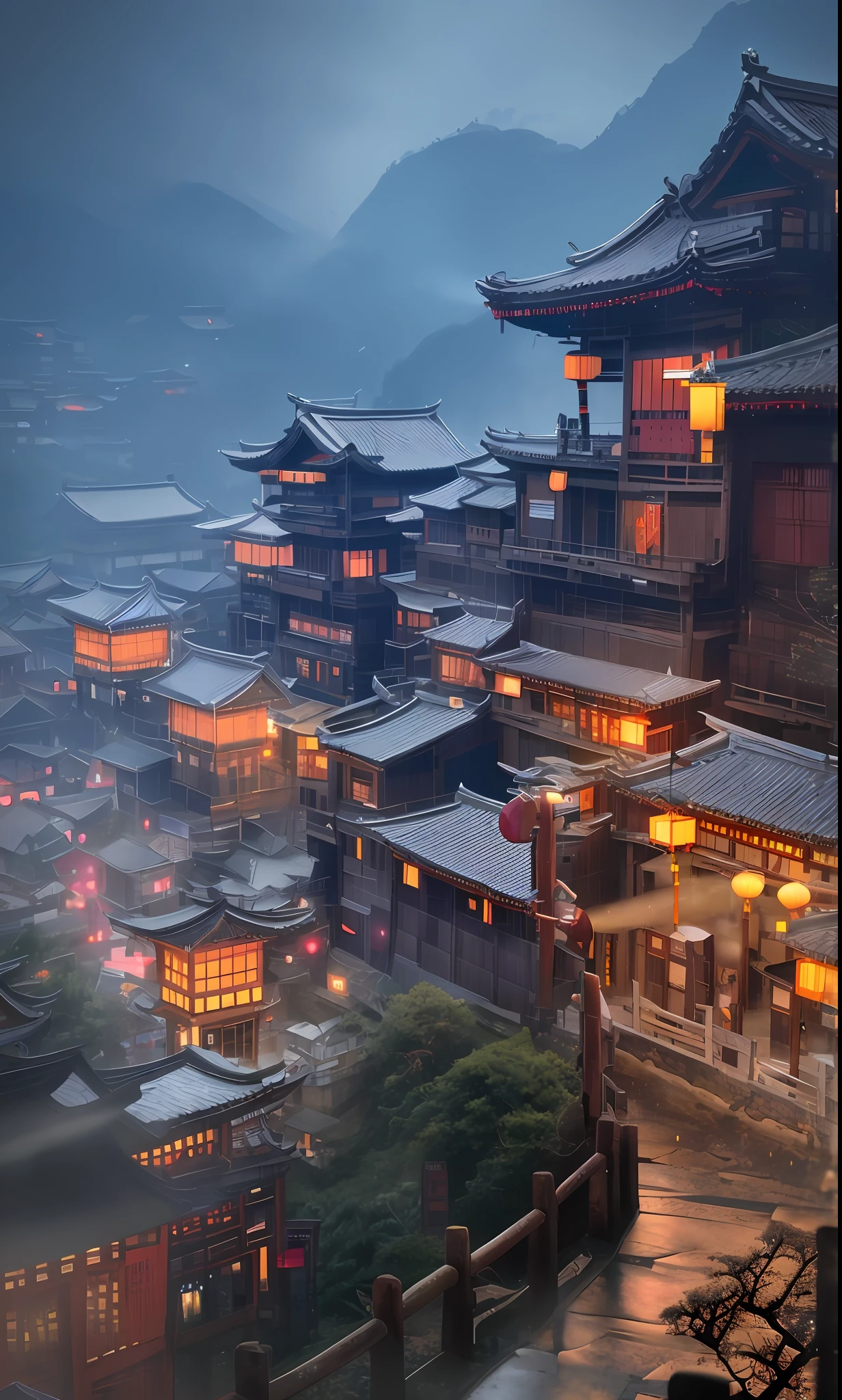 arafed view of a village with a lot of lights on the buildings, dreamy chinese town, chinese village, amazing wallpaper, japanese town, japanese village, hyper realistic photo of a town, old asian village, japanese city, by Raymond Han, rainy evening, cyberpunk chinese ancient castle, beautifully lit buildings, at evening during rain, beautiful and aesthetic, photography, cinematic, 8k, high detailed ((Heavy rain)))