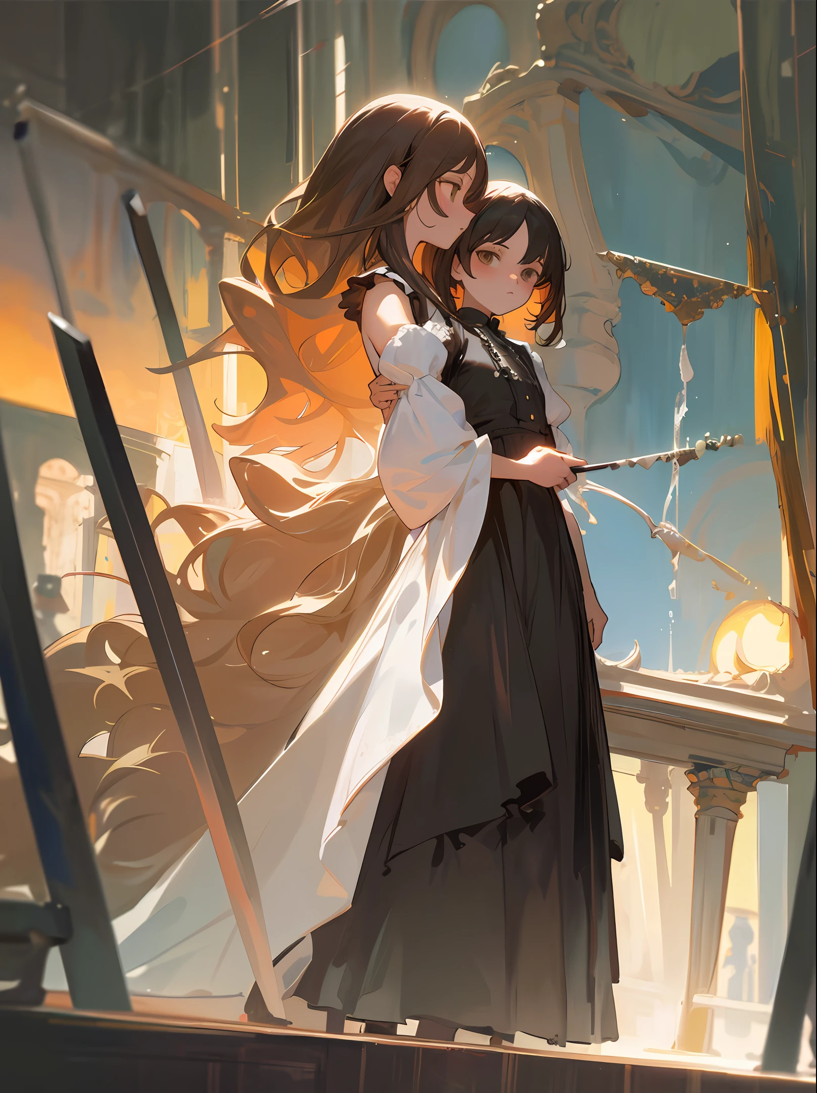 (Masterpiece), (Best Quality), (Ultra Detailed), (Full Body: 1.2), Garden, Melancholy, Sunset, Indoors, Holding a Sword, Front View, Bokeh, Supersaturated, Color Contrast: 1.1, Surreal, Digital Art, Art Station, 2 Girls, 20 years old, expressionless, white wavy long hair, brown eyes, black dress with ruffles, off-the-shoulders, blush, (beautiful detailed face)