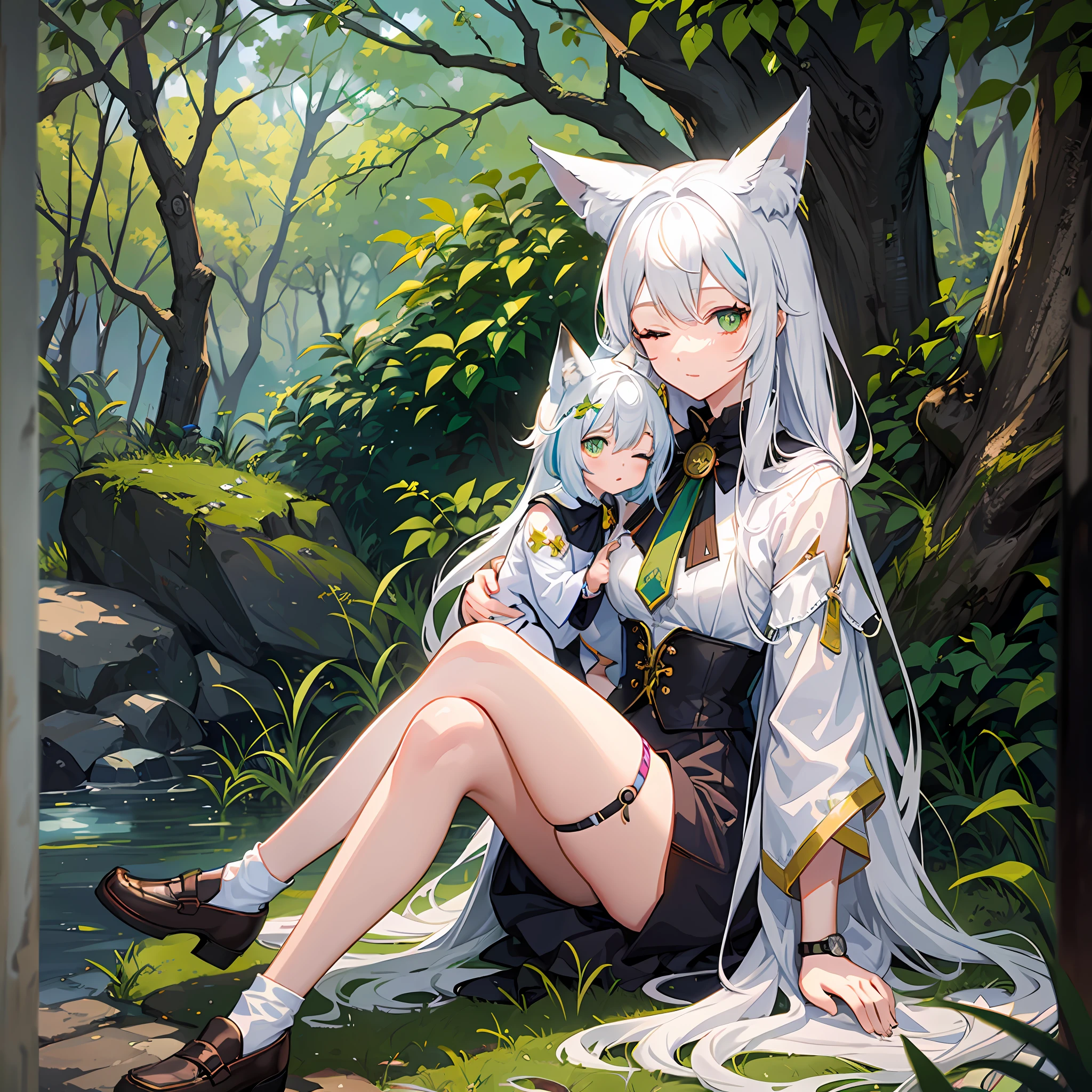2girls, sitting, crossed legs, from above, multicolored hair, white hair, white hair, green eyes, one eye closed, fox ears, sash++, loafers, watch, forest