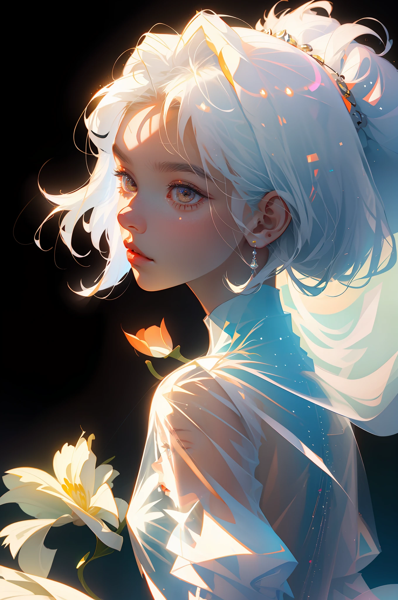 Highest quality,The perfect masterpiece,Perfect artwork,Official Works,8K,
(Upper Body Portrait:1.3),((Seen from the side:1.5)),close-up lens,Delicate face,
,White-haired girl,(hakuhatsu:1.5),short and medium hair,((White transparent eyes:1.5)),(white dress:1.2),(Transparent clothing:1.2),(Black background:1.3),
pearl illusion,Cyberpunk,fashion trend,3s material,high-definition,detail representation,c4d,3D,octane rendering,ray tracing,complex details,animated lighting,OCrenderer,