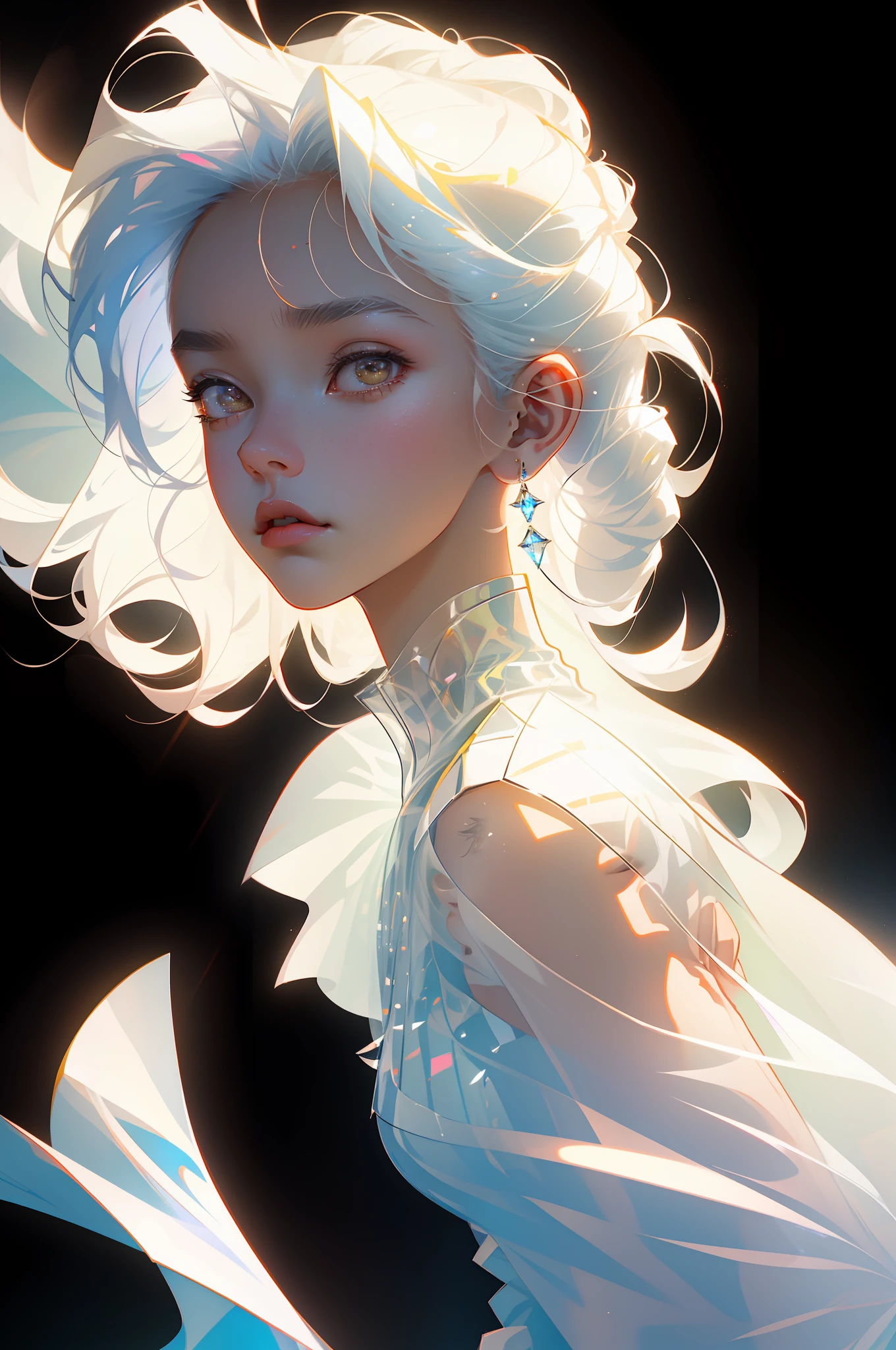 Highest quality,The perfect masterpiece,Perfect artwork,Official Works,8K,
(Upper Body Portrait:1.3),((Seen from the side:1.5)),close-up lens,Delicate face,
17 years old,White-haired girl,(hakuhatsu:1.5),short and medium hair,((White transparent eyes:1.5)),(white dress:1.2),(Transparent clothing:1.2),(Black background:1.3),
pearl illusion,Cyberpunk,fashion trend,3s material,high-definition,detail representation,c4d,3D,octane rendering,ray tracing,complex details,animated lighting,OCrenderer,