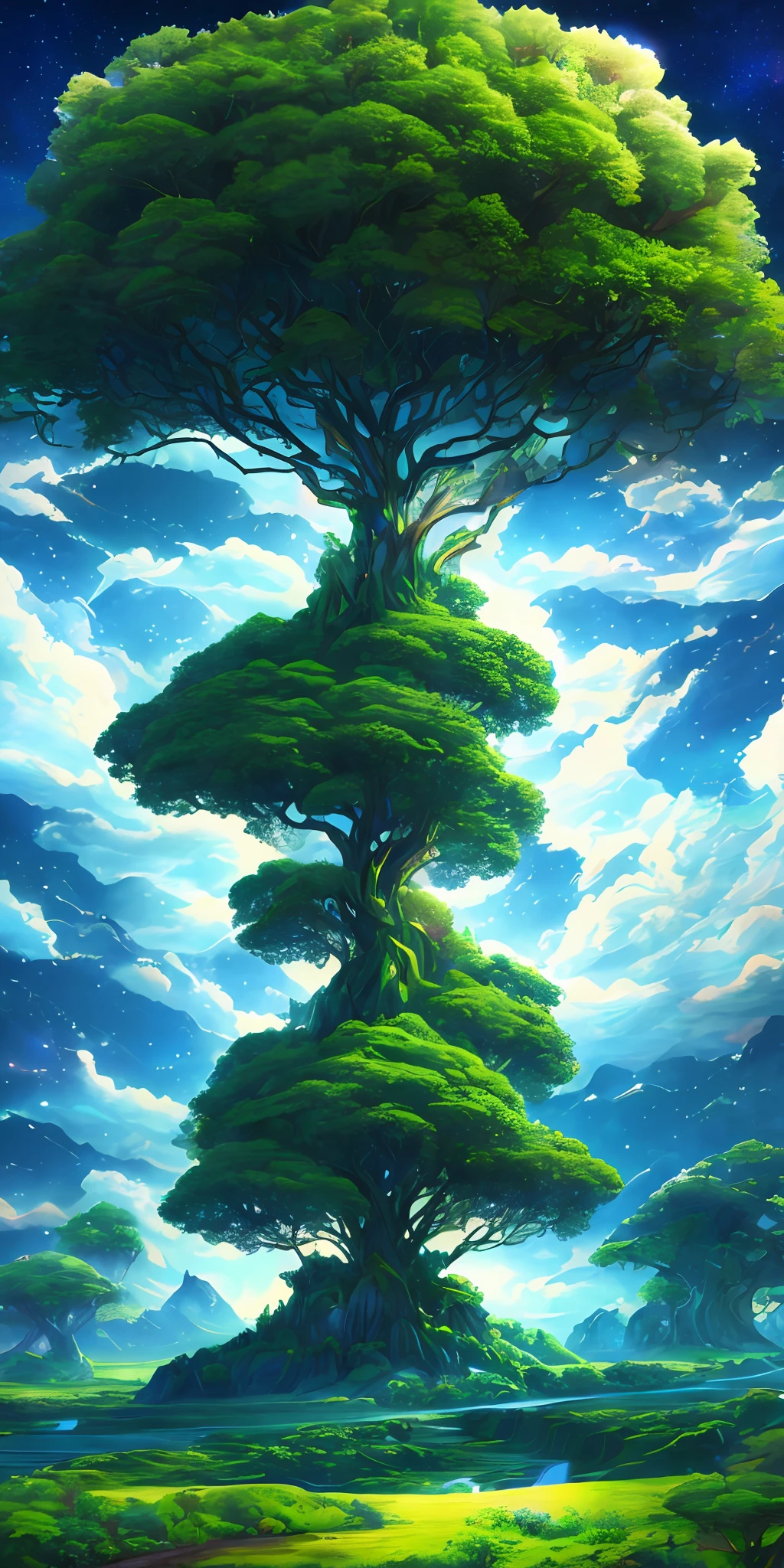 Illustration of a surreal, otherworldly, hyper sky scene including a giant crystal tree full body, highly detailed and magical lighting, intricate forest details, vegetation and surrounding river, solar punk, landscape, giant tree , beautiful green leaves, beautiful lighting and realistic proportions, as if this is a movie background, 8k, highest quality, masterpiece, clouds and stars in the sky.