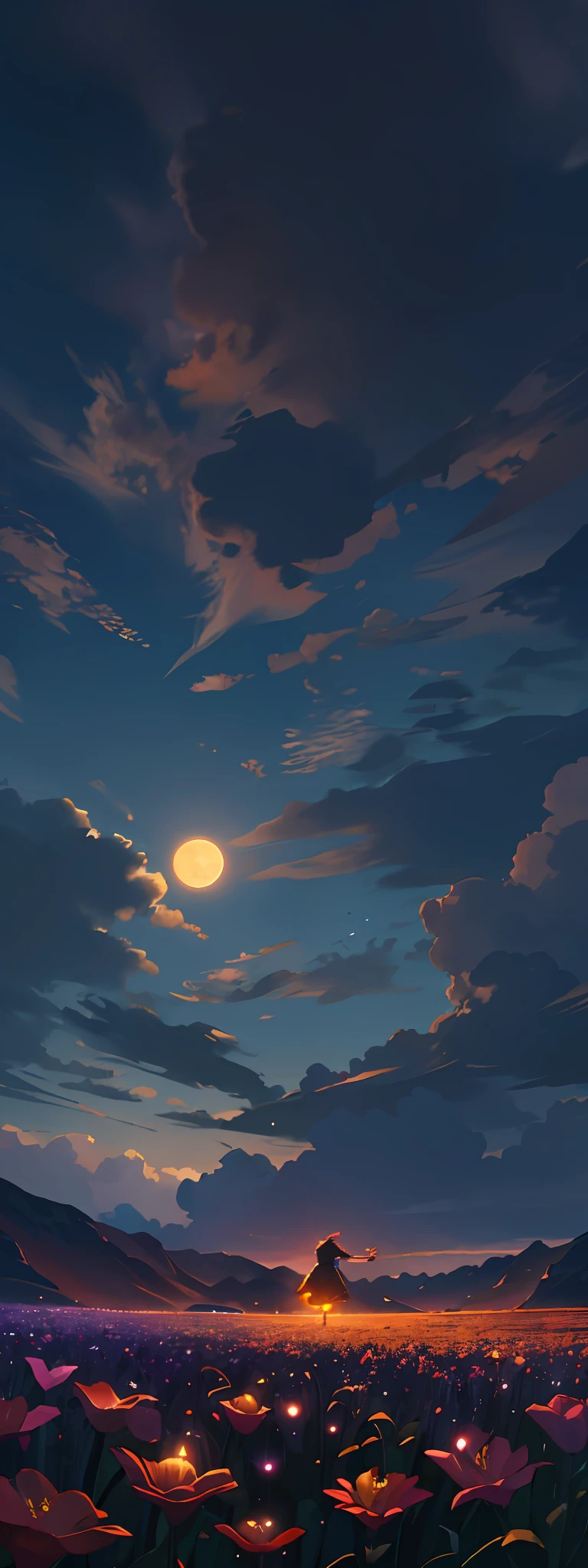 A wide landscape photo, (viewed from below, the sky is above, and the open field is below), a girl standing on a flower field looking up, (full moon: 1.2), (meteor: 0.9), (nebula: 1.3), distant mountains , Trees BREAK Crafting Art, (Warm Light: 1.2), (Firefly: 1.2), Lights, Lots of Purple and Orange, Intricate Details, Volumetric Lighting BREAK (Masterpiece: 1.2), (Best Quality), 4k, Ultra Detailed, (Dynamic Composition: 1.4), Rich in Detail and Color, (Rainbow Color: 1.2), (Glow, Atmospheric Lighting), Dreamy, Magical, (Solo: 1.2)