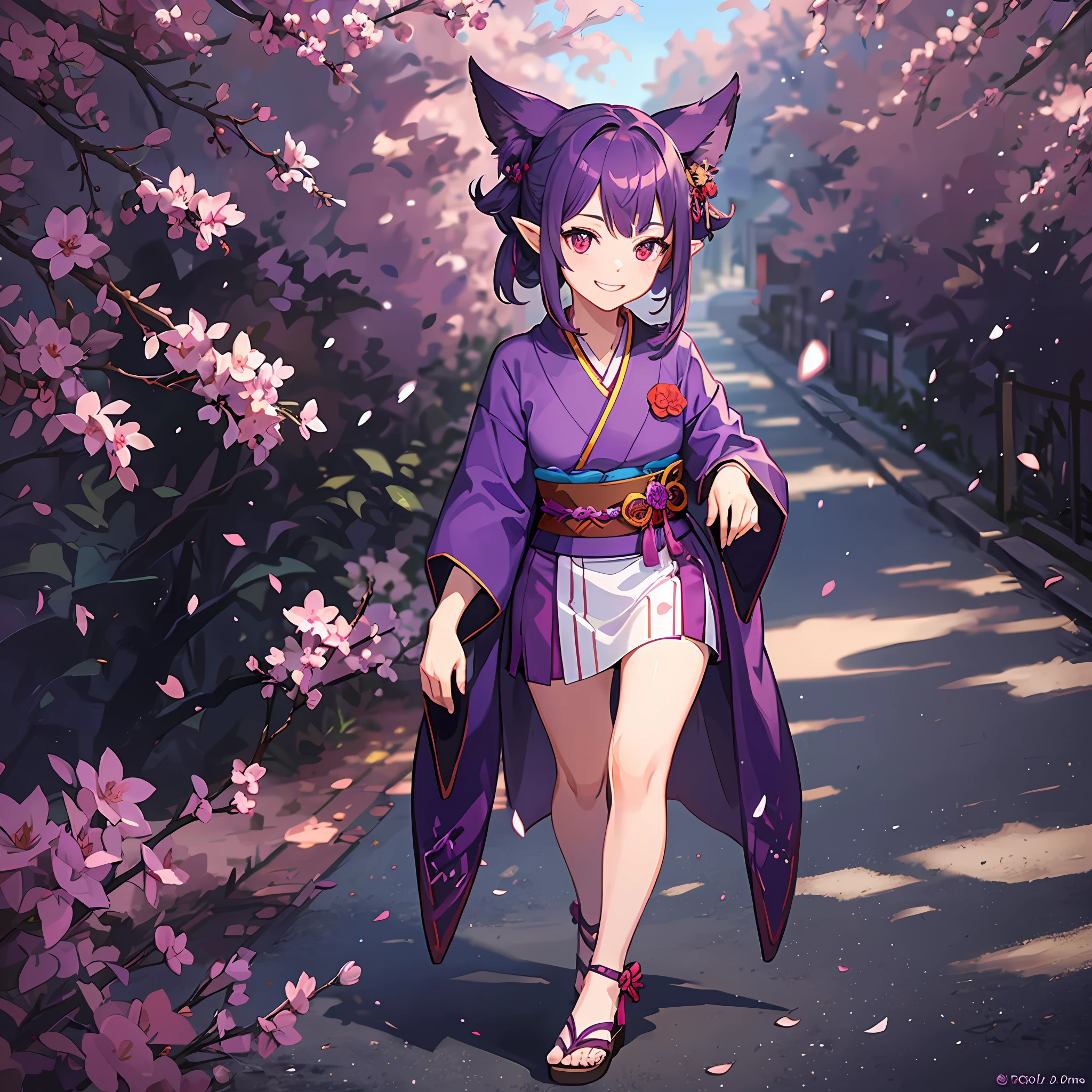 1girl, solo, high quality, all fours, (purple hair)+, (red eyes)+++, grin, pointy ears, kimono, sandals, ascot, outdoors