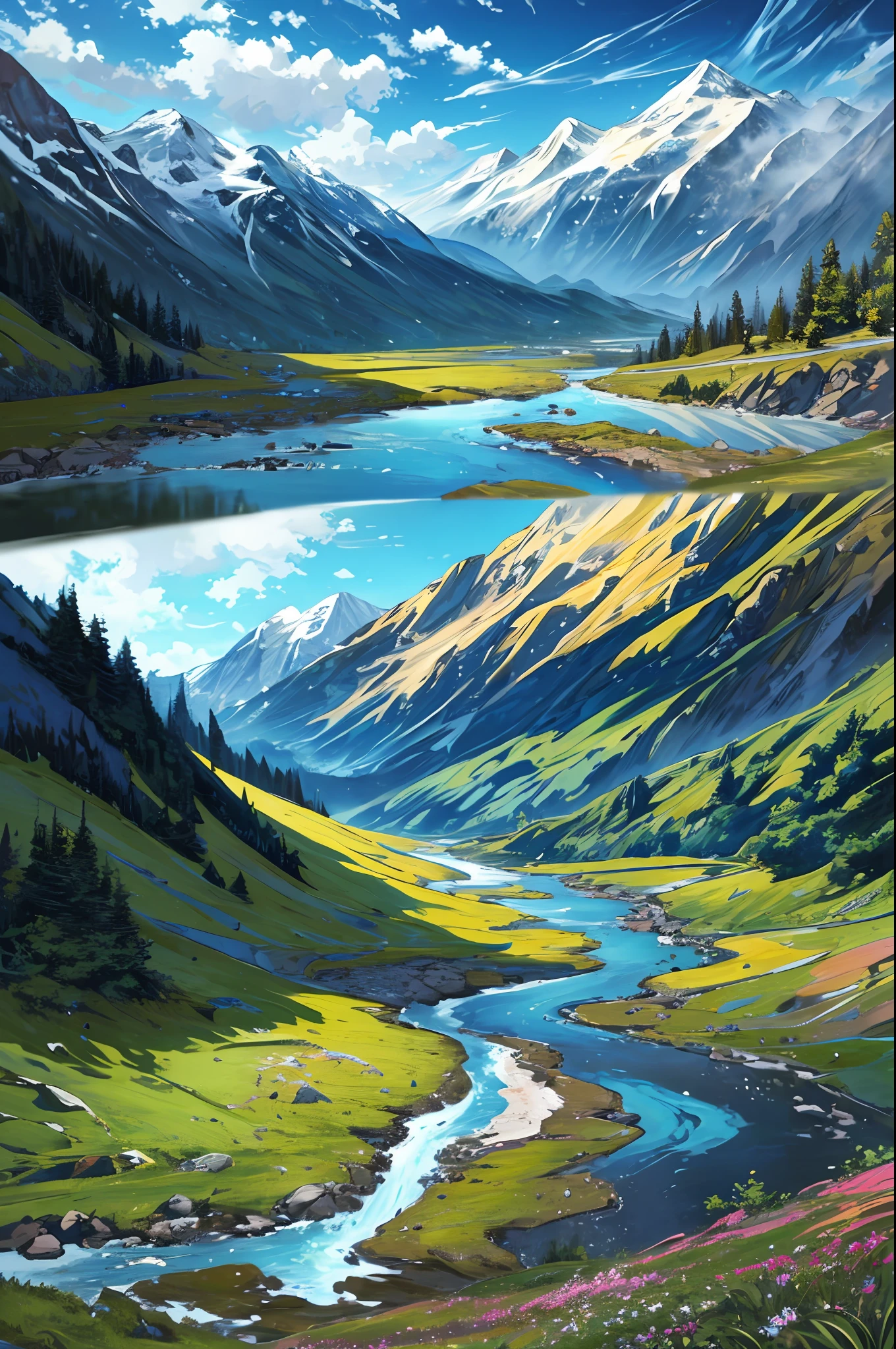((masterpiece, best quality)), landscape stretching, rivers, mountains,