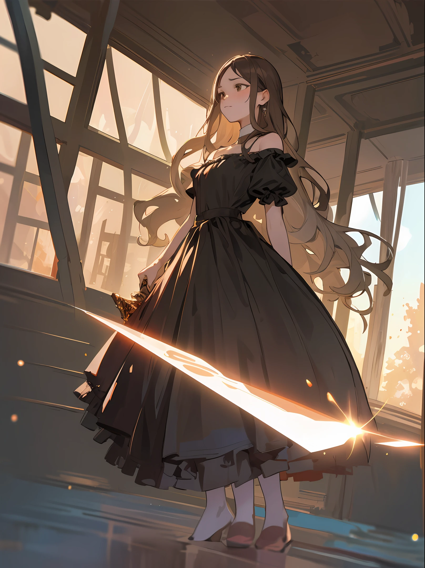 (Masterpiece), (Best Quality), (Ultra Detailed), (Full Body: 1.2), Garden, Melancholy, Sunset, Indoors, Holding a Sword, Front View, Bokeh, Supersaturated, Color Contrast: 1.1, Surreal, Digital Art, Art Station, 2 Girls, 20 years old, expressionless, white wavy long hair, brown eyes, black dress with ruffles, off-the-shoulders, blush, (beautiful detailed face)