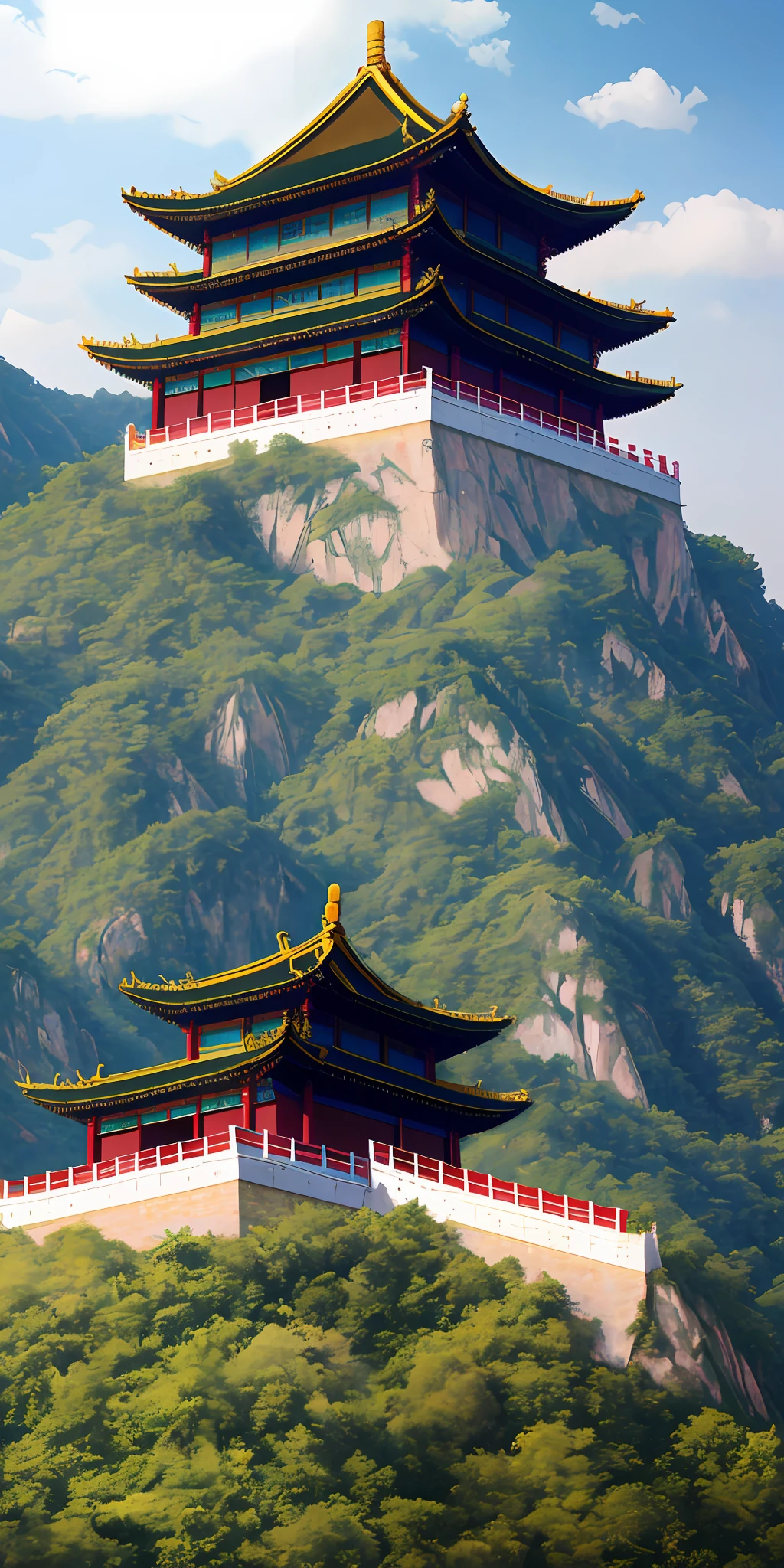 Masterpiece, best quality, high quality, extremely detailed CG unified 8k wallpaper, outdoor, sky, clouds, no humans, mountain, Chinese palace sits on the hillside, moonlight, cinemagraph, landscape, water, tree, Chinese Laojunshan Scenic Area, Golden Dome, Laojun Mountain has more than two thousand years of Taoist cultural history. Legend has it that after Lao Tzu passed on the Tao Te Ching, he bid farewell to Guan Ling Yin Xi of Hangu Pass and rode away on a green bull, and the "Records of History" recorded that "I don't know the end". There are also records that Lao Tzu returned to Luoyang Jingmur Mountain, that is, Laojun Mountain, and Jingmur Mountain was named after Lao Tzu's retreat to cultivation here. During the Northern Wei dynasty, a temple was built in the mountains to commemorate Lao Tzu. During the reign of Tang Zhenguan, he was crowned by the emperor and built the "Iron-Roofed Laojun Temple", which was given the name "Laojun Mountain" by Emperor Taizong of Tang, which has been carried down to this day. In the nineteenth year of the Wanli Ming Dynasty (1591), he granted Laojun Mountain Dao Jing an edict and named it "the famous mountain under the world". Laojun Mountain has 16 temples such as Taiqing Palace, Shifang Courtyard, Lingguan Hall, Vinegar Hall, Shepherd Circle, Salvation Hall, Chuanjing Building, Guanyin Hall, Sanqing Hall, Laojun Temple and so on. Among them, Laojun Temple, Lingguan Hall, Vinegar Hall, Daode Mansion and other temples, simple and solemn, incense is blazing, and has always been a sacred place for Taoist believers in northern China. These palaces were destroyed and repaired from the Northern Wei Dynasty to the present day, and the Laojun Temple is the largest of the existing temples.