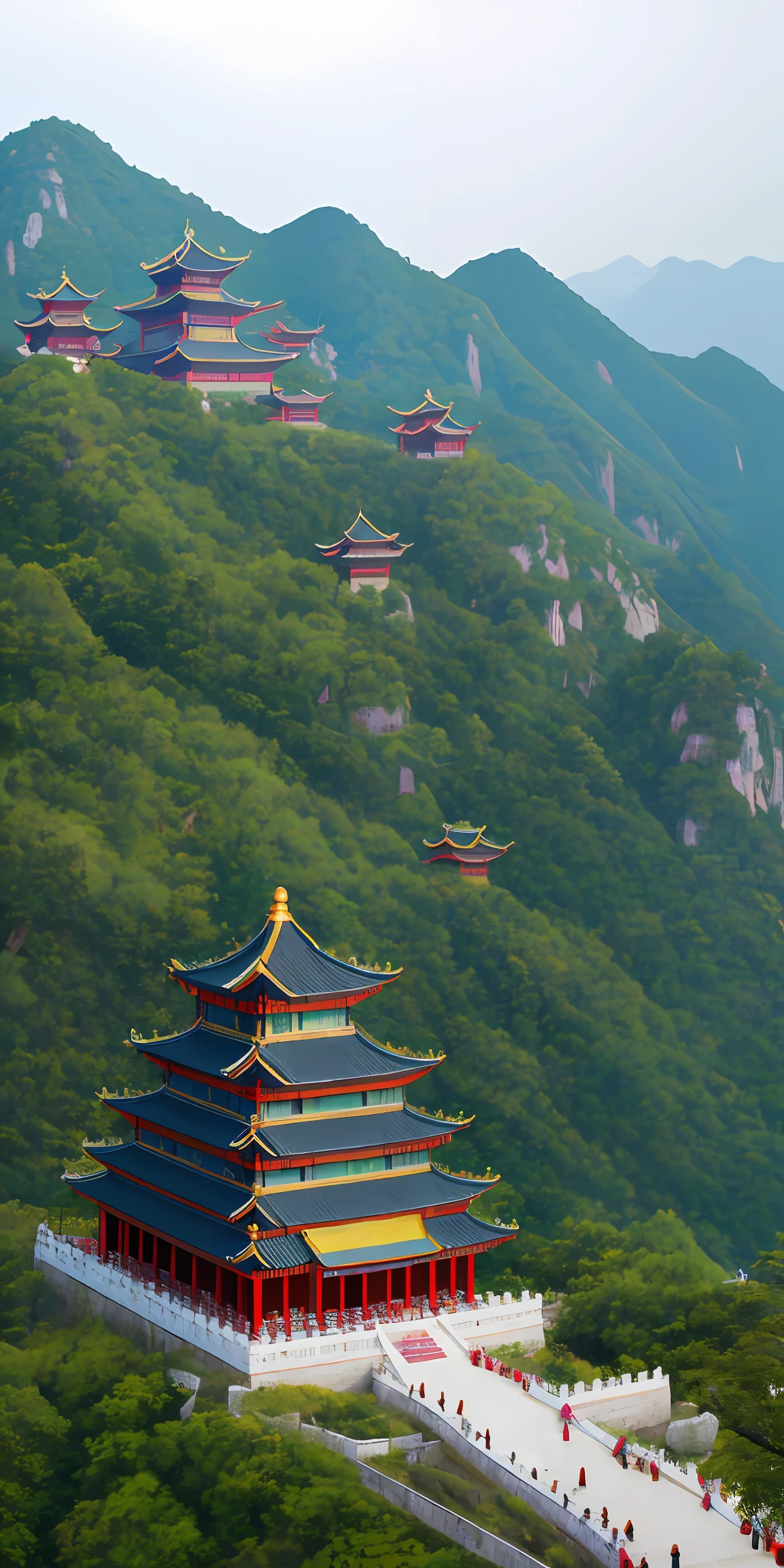 Masterpiece, best quality, high quality, extremely detailed CG unified 8k wallpaper, outdoor, sky, clouds, no humans, mountain, Chinese palace sits on the hillside, moonlight, cinemagraph, landscape, water, tree, Chinese Laojunshan Scenic Area, Golden Dome, Laojun Mountain has more than two thousand years of Taoist cultural history. Legend has it that after Lao Tzu passed on the Tao Te Ching, he bid farewell to Guan Ling Yin Xi of Hangu Pass and rode away on a green bull, and the "Records of History" recorded that "I don't know the end". There are also records that Lao Tzu returned to Luoyang Jingmur Mountain, that is, Laojun Mountain, and Jingmur Mountain was named after Lao Tzu's retreat to cultivation here. During the Northern Wei dynasty, a temple was built in the mountains to commemorate Lao Tzu. During the reign of Tang Zhenguan, he was crowned by the emperor and built the "Iron-Roofed Laojun Temple", which was given the name "Laojun Mountain" by Emperor Taizong of Tang, which has been carried down to this day. In the nineteenth year of the Wanli Ming Dynasty (1591), he granted Laojun Mountain Dao Jing an edict and named it "the famous mountain under the world". Laojun Mountain has 16 temples such as Taiqing Palace, Shifang Courtyard, Lingguan Hall, Vinegar Hall, Shepherd Circle, Salvation Hall, Chuanjing Building, Guanyin Hall, Sanqing Hall, Laojun Temple and so on. Among them, Laojun Temple, Lingguan Hall, Vinegar Hall, Daode Mansion and other temples, simple and solemn, incense is blazing, and has always been a sacred place for Taoist believers in northern China. These palaces were destroyed and repaired from the Northern Wei Dynasty to the present day, and the Laojun Temple is the largest of the existing temples.