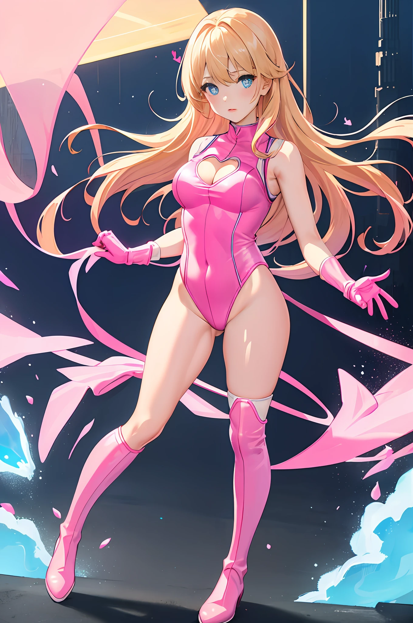 ((masterpiece)), ((best quality)), highres, 1girl, solo, superhero, leotard, bare legs, matching boots, sleeveless, looking at viewer, light particles, city backdrop, perfect hands, perfect eyes, perfect leotard, perfect legs, perfect arms, perfect fingers, medium breasts, (pink leotard), standing, blonde hair, long hair, knee boots, blue eyes, heart cutout, cute face, hair down, bangs, sleeveless, pink gloves, pink footwear, cleavage cutout, standing, (full body),