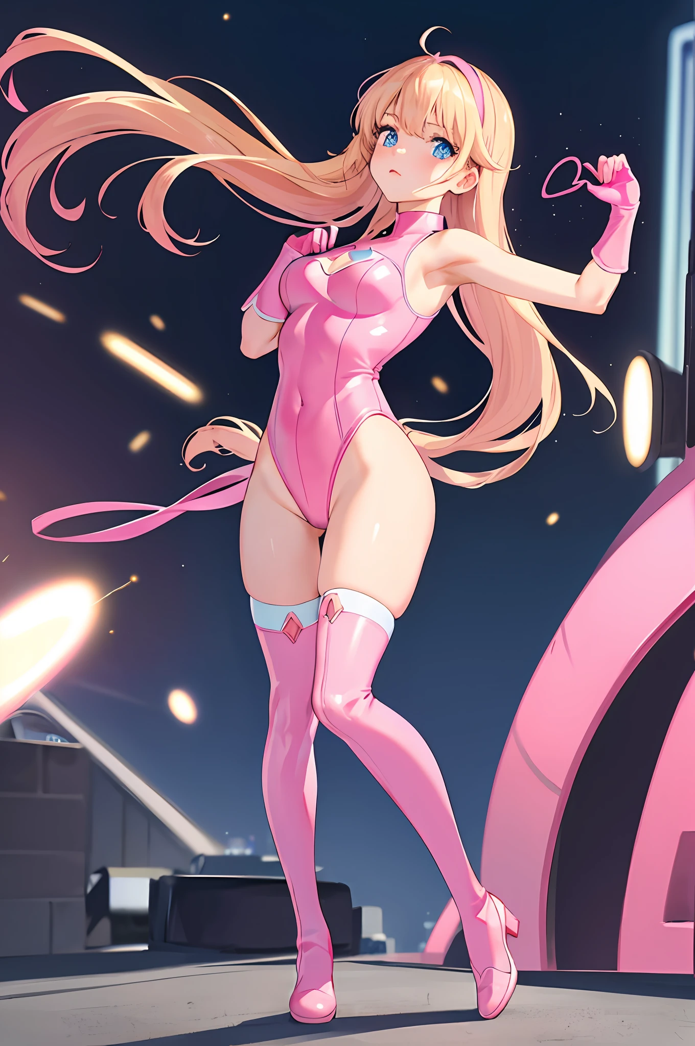 ((masterpiece)), ((best quality)), highres, 1girl, solo, superhero, leotard, bare legs, matching boots, sleeveless, looking at viewer, light particles, city backdrop, perfect hands, perfect eyes, perfect leotard, perfect legs, perfect arms, perfect fingers, medium breasts, (pink leotard), standing, blonde hair, long hair, knee boots, blue eyes, heart cutout, cute face, hair down, bangs, sleeveless, pink gloves, pink footwear, cleavage cutout, standing, (full body),