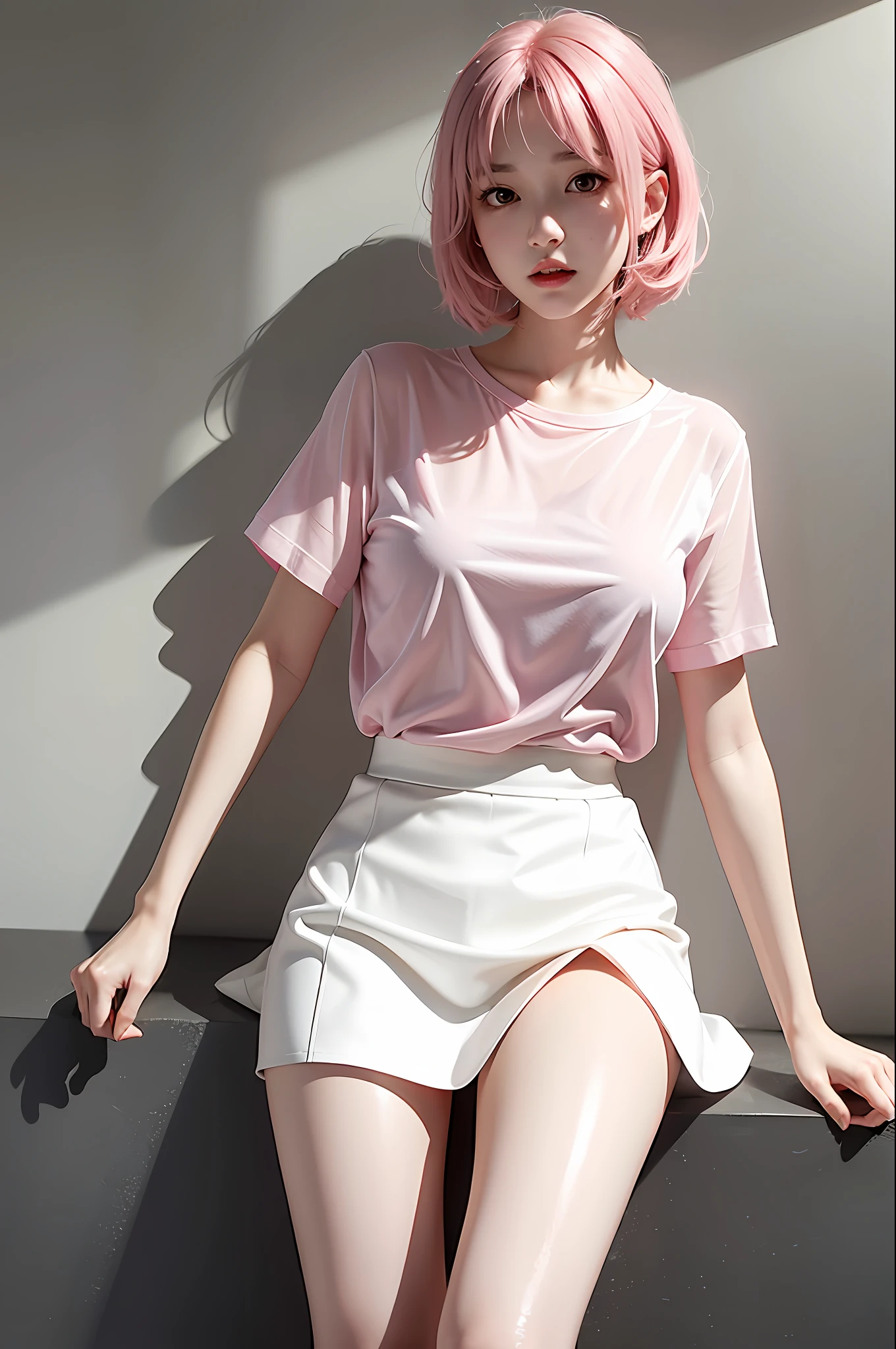 Realistic, high resolution, 1 girl, short pink hair, Korean, gray eyes, small moles in mouth and under the eyes, translucent white shirt, translucent white short skirt, huge, lively, long legs