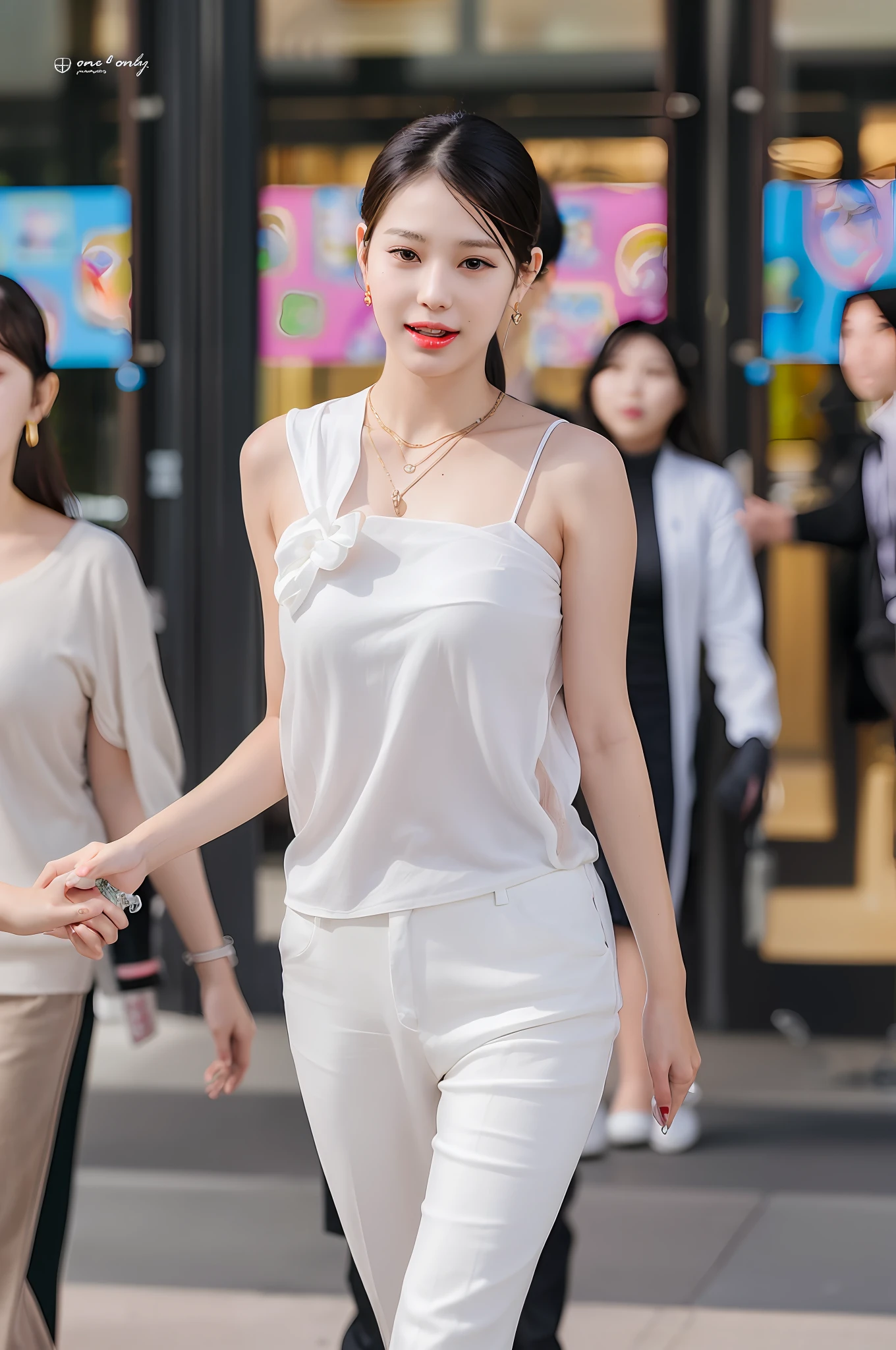 araffe woman in white pants and a white top walking down a street, bae suzy, korean women's fashion model, wearing white camisole, gorgeous young korean woman, jaeyeon nam, beautiful south korean woman, beautiful young korean woman, jia, jinyoung shin, sha xi, heonhwa choe, white trendy clothes, lee ji - eun, (breast out :1.1),  (cleavage:1.5)