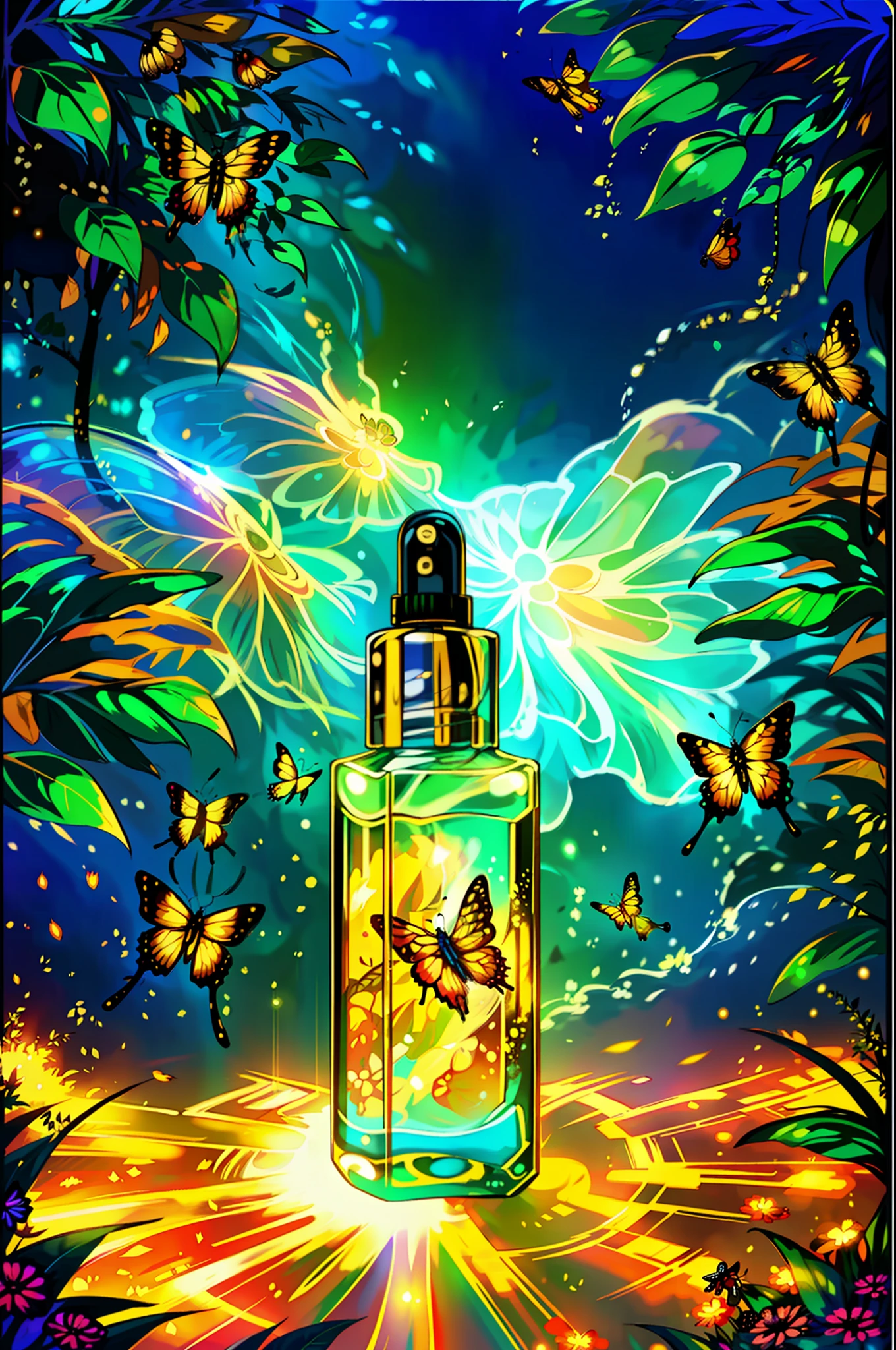 A cosmetic product picture, masterpiece, best quality, butterflies, fireflies, delicate leaves, glow, particle effects, the best shadows, quiet streams