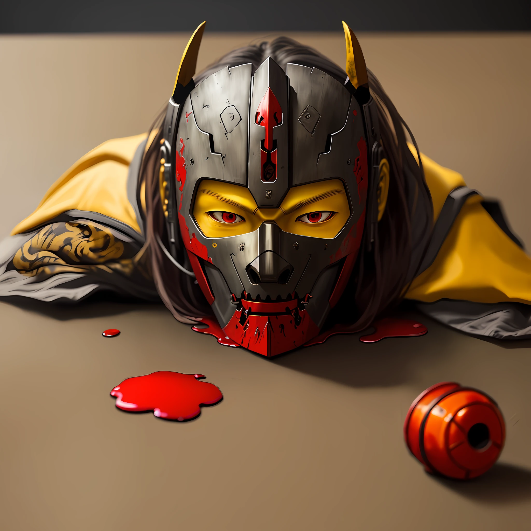 An iron mask lying on a table, painted in the yellow-red colors of an ancient Japanese demon, red glass instead of eyes