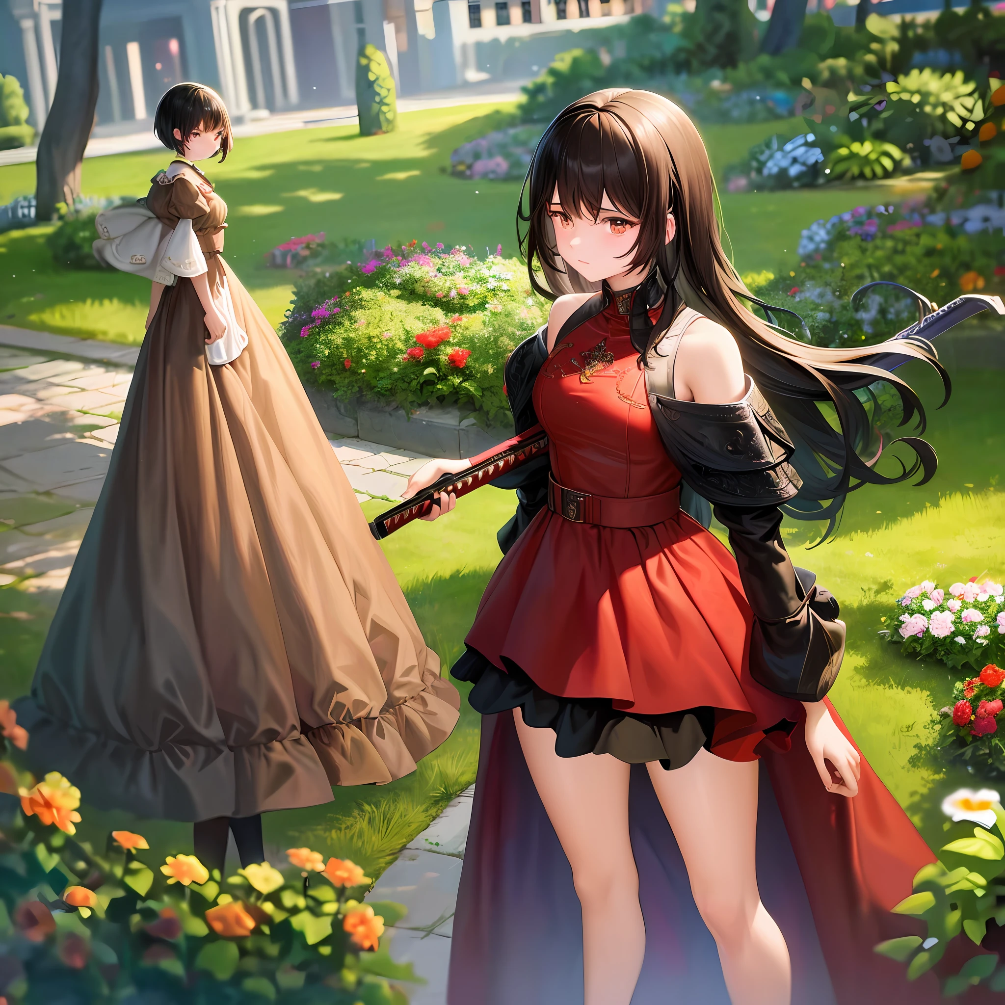 (Masterpiece), (Best Quality), (Ultra Detailed), (Full Body: 1.2), Garden, Melancholy, Sunset, Indoors, Holding a Sword, Front View, Bokeh, Supersaturated, Color Contrast: 1.1, Surreal, Digital Art, Art Station, 2 Girls, 20 Years Old, , Expressionless, Crying, White Wavy Long Hair, Short Black Hair, Fluffy, Brown Eyes, Black Dress, Red Robe. Blush, (beautiful detailed face)