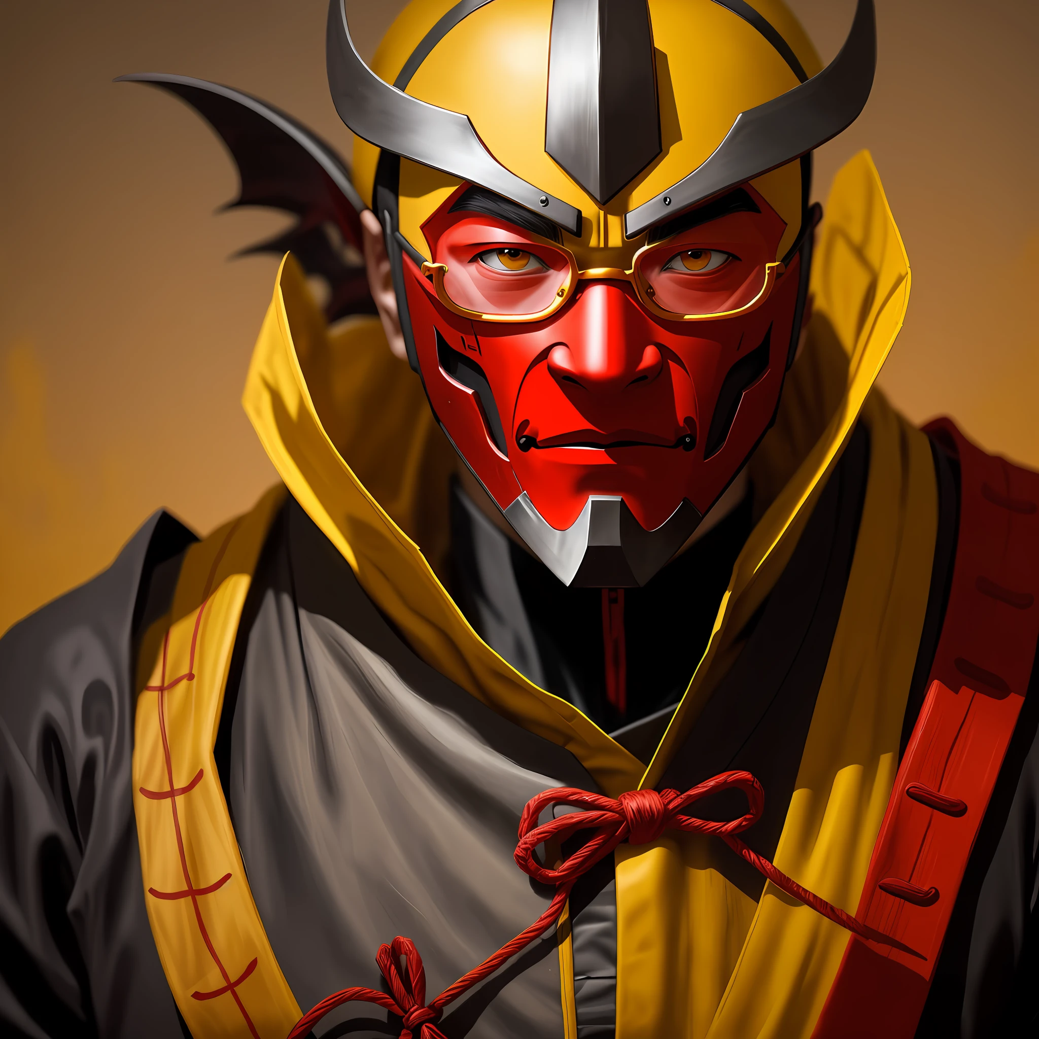 A man in the Iron Mask, painted in the yellow-red colors of an ancient Japanese demon, red glasses instead of eyes