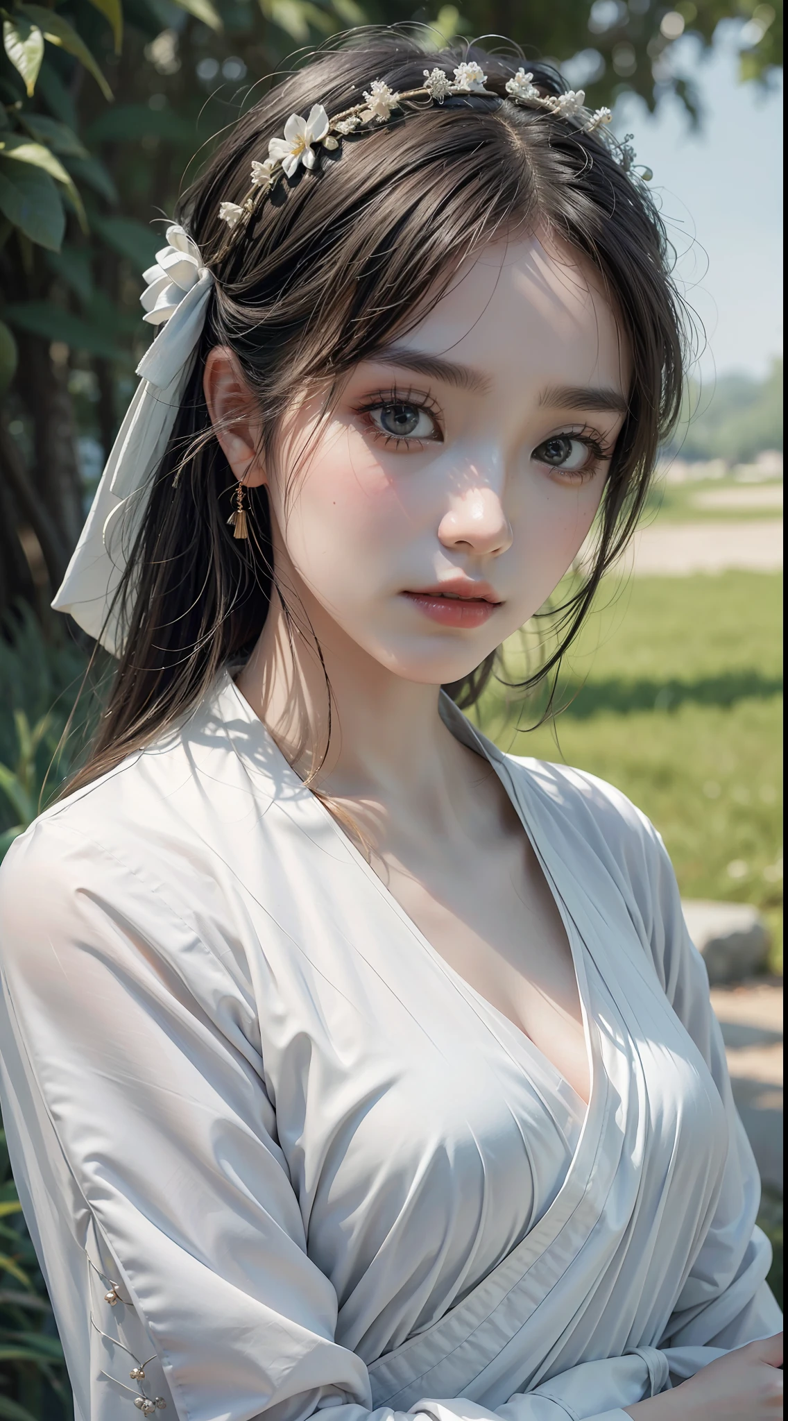 Official Art, (looking at the audience), realistic painting, detailed depiction of ancient Chinese women, human women, extreme beauty, white Hanfu, displayed in a solo pose, close-up of upper body, access to detailed outdoor lighting and movie lighting, increased detailed overall ambient light, face and eye details, improved realism of body details, clear expression of sharp focus, expressionless, masterpiece level, minimalist background.