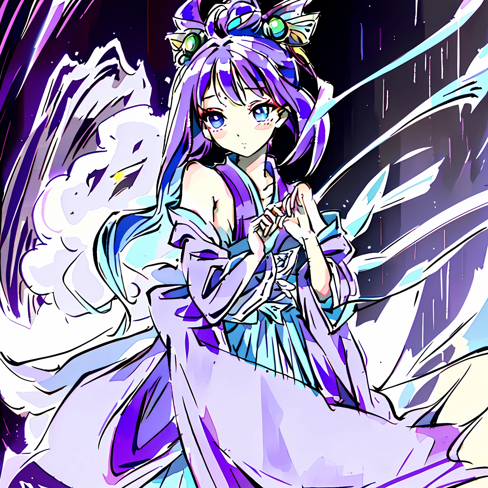 (best-quality:0.8), (best-quality:0.8), perfect anime illustration, purple glow, appearance, beauty, fairy qi, purple long hair, bright and crystal eyes, dignified, delicate and beautiful face, fair skin like jade, flowing hair, waterfall to the waist, hair full of mysterious power, light fairy robe, purple silk, delicate embroidery, fairy robe exuding fragrant breath, delicate ribbon, purple fairy tsui, tall posture, Graceful and full body, light and elegant steps, stepping on the clouds, mysterious brilliance, nobility, confidence, charm.