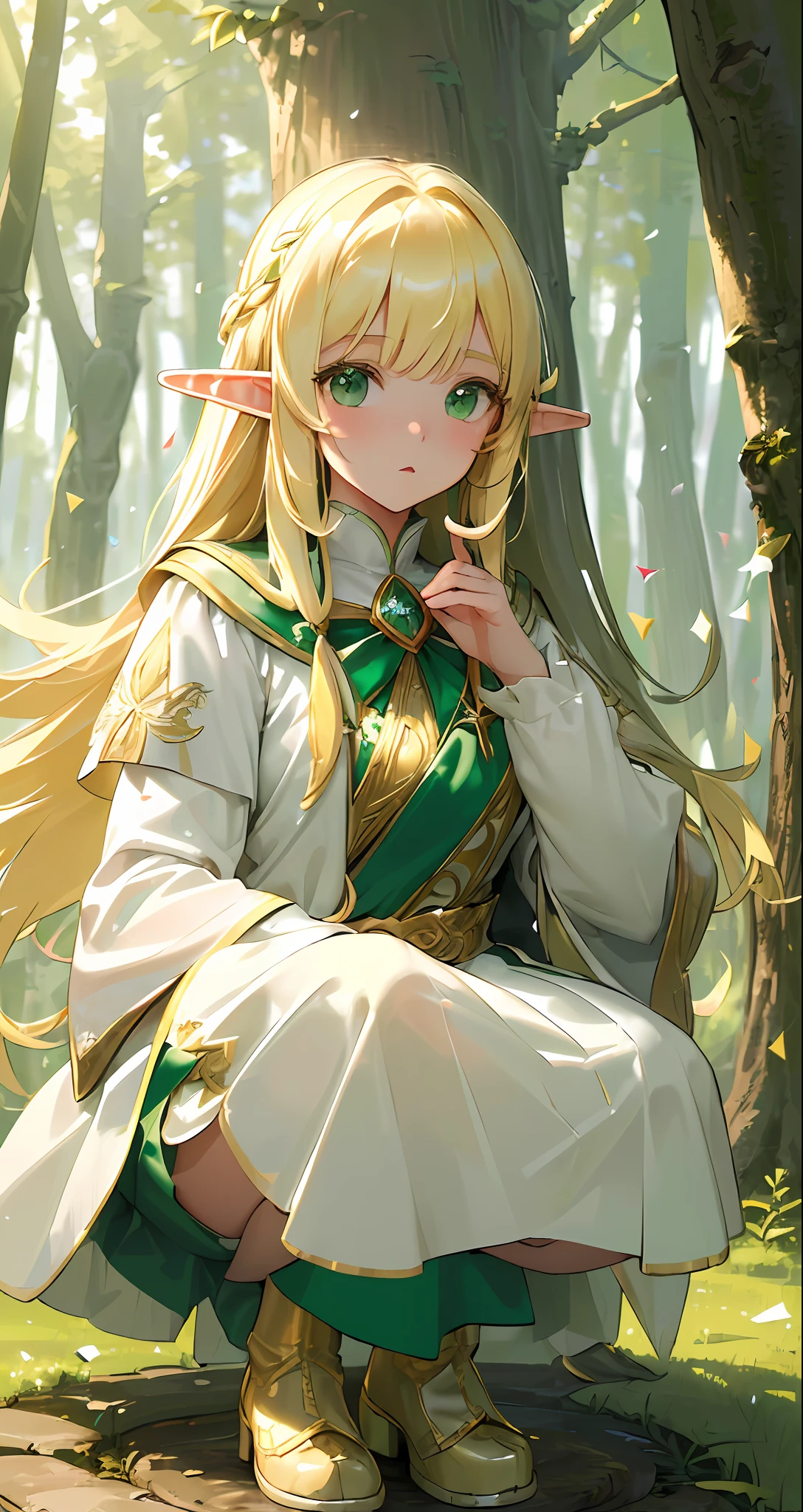 (((Masterpiece, Best Quality, High Definition, High Detail))), One, Elf Woman, White Short Skirt with Gold Embroidery, Blonde Long Straight Hair, Bright Green Eyes, Green Surcoat Embroidered with Gold, (Surprised Face)), (Tilts Head), Forest, (Sunlight Through the Trees)), ((Strong Wind)), (Confetti)), (Squatting)))), Big